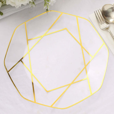 10-Pack Plastic 10" Octagon Dinner Plates in Clear - Modern Disposable Party Plates with Gold Geometric Design for Special Occasions & Celebrations