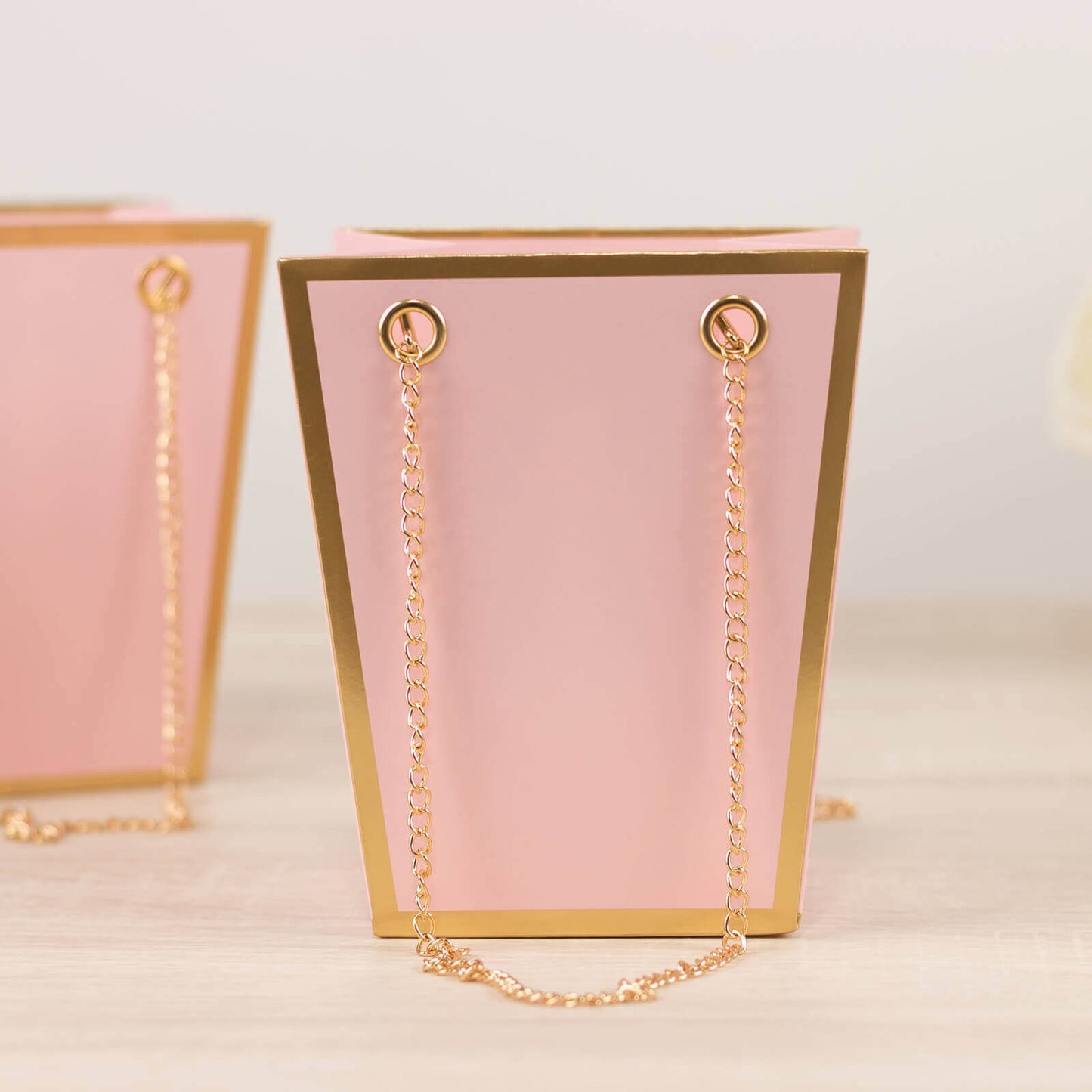 6 Pack Pink Gold Edge Paper Flower Gift Bags With Metal Chain Handles, Trapezoid Party Favor Tote Bags - 5"x6"