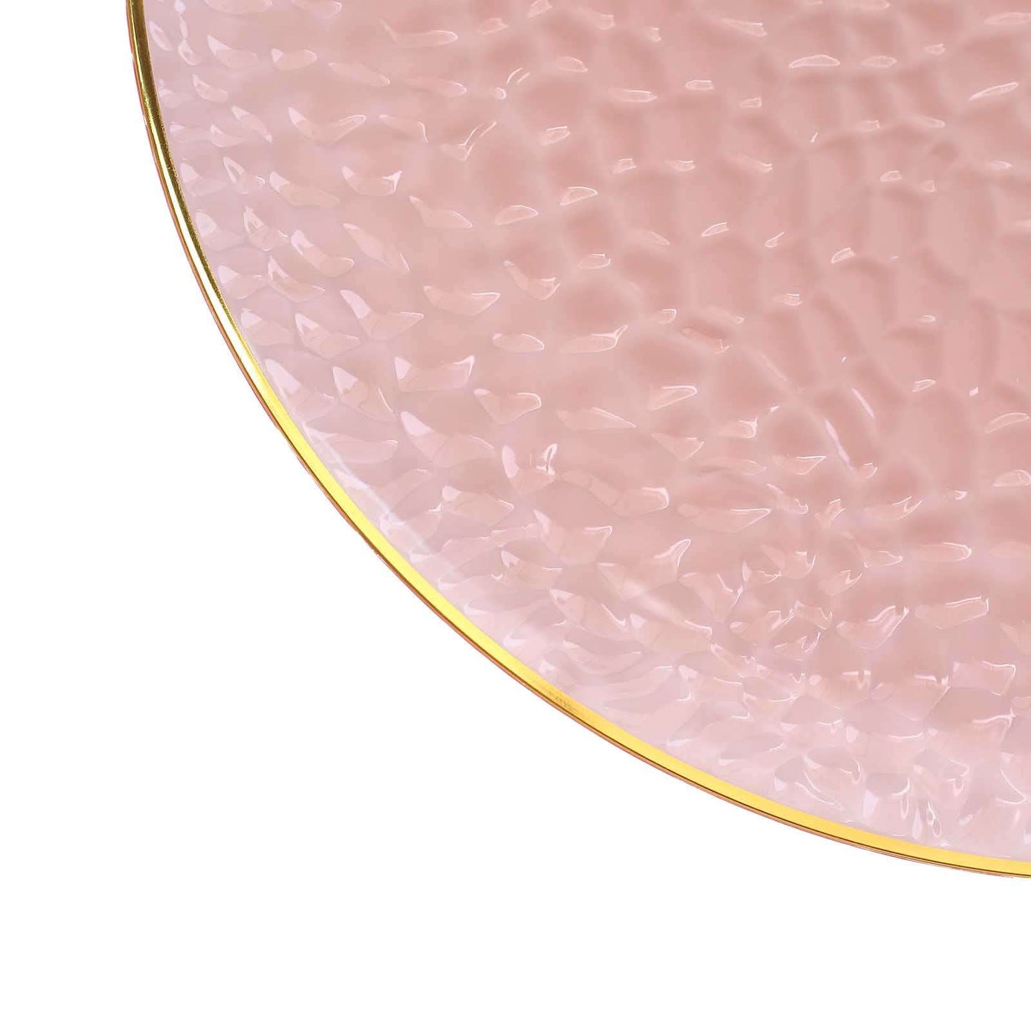 10 Pack Economy Plastic Round Charger Plates 13" in Transparent Blush Hammered Design with Gold Rim, Decorative Dinner Party Serving Plates