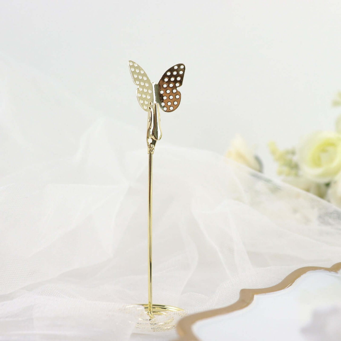 5-Pack Metal Place Card Holders Gold - Modern Table Number Stands with Whimsical Butterfly Clips & Spiral Base for Signs Memos Photos Menus 5"