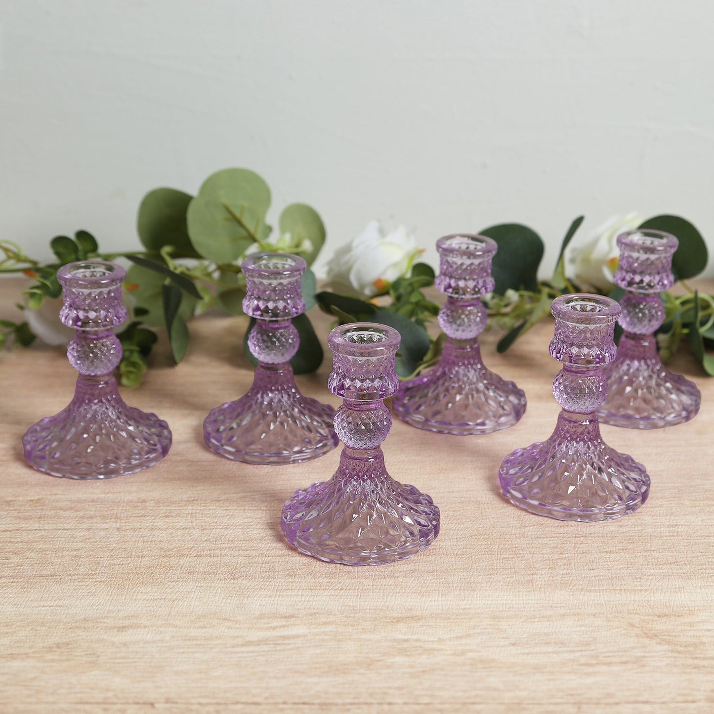 6-Pack Glass Taper Candlestick Holders Diamond Pattern Design Lavender Lilac - Reversible Crystal Pillar Votive Stands 4"