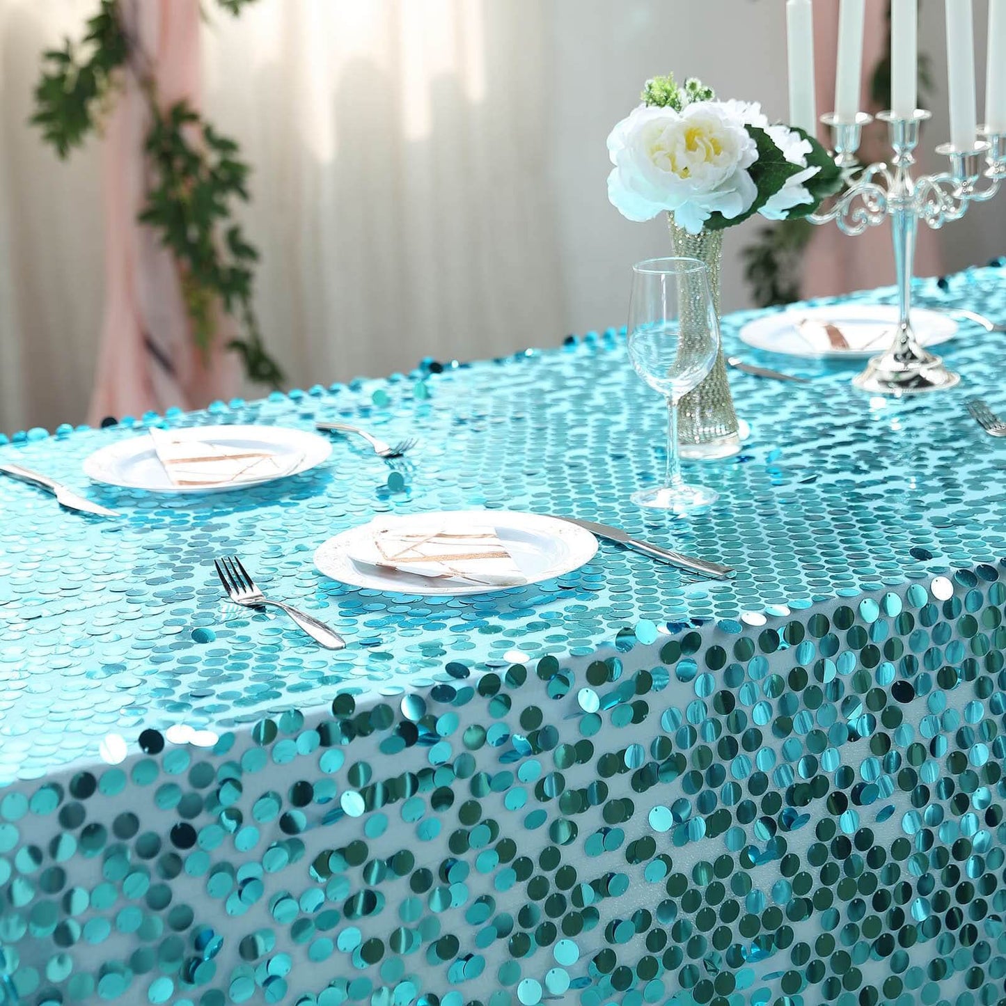 Sequin 90"x156" Rectangle Tablecloth Turquoise - Seamless Big Payette Table Cover