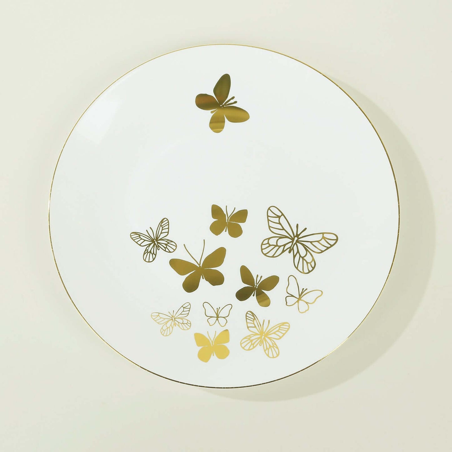Set of 20 Plastic Round Dinner and Salad Plates in White with Gold Butterfly Design & Gold Rim - Stylish Disposable Dinnerware for Buffets & Catered Events 8", 10"