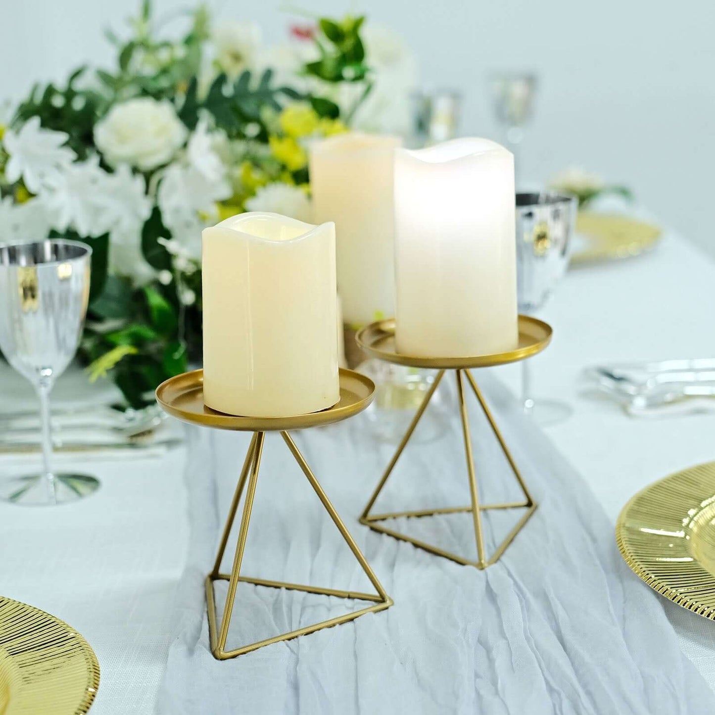 2-Pack Pillar Candle Holders Gold Metal Geometric Triangle Base Design - Decorative Centerpiece 5"