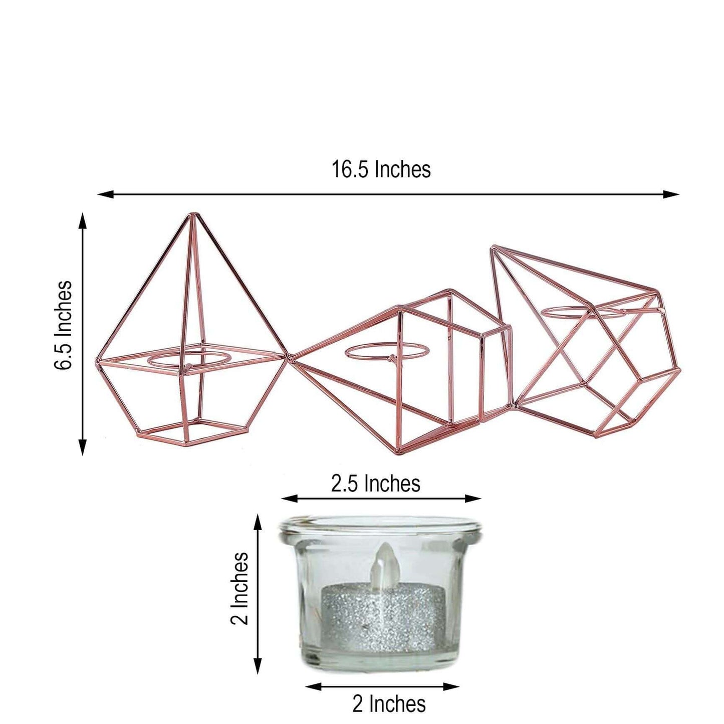 Set of Metal Candle Holders Linked Geometric Design Rose Gold - Modern Votive Glass Decor for Tables & Gatherings 16"