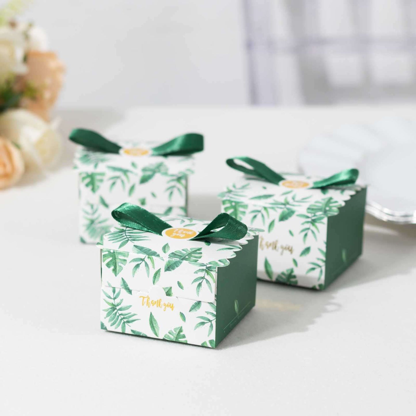 25 Pack Green Monstera Leaf Print Candy Gift Boxes with Satin Ribbon Bow, Thank You Cardstock Paper Party Favor Boxes - 2.5"x2.5"x2"