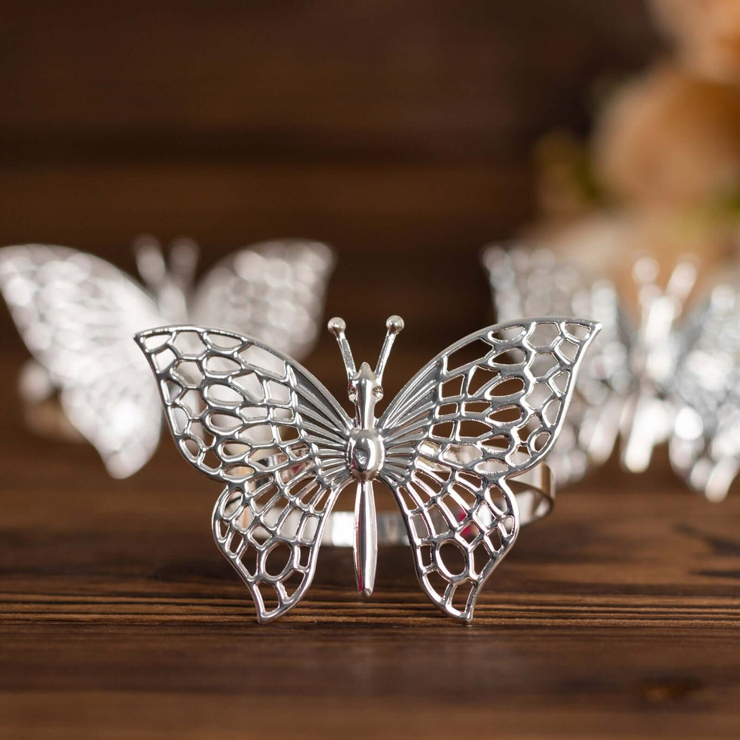 4 Pack Silver Metal Butterfly Napkin Rings, Decorative Laser Cut Cloth Napkin Holders