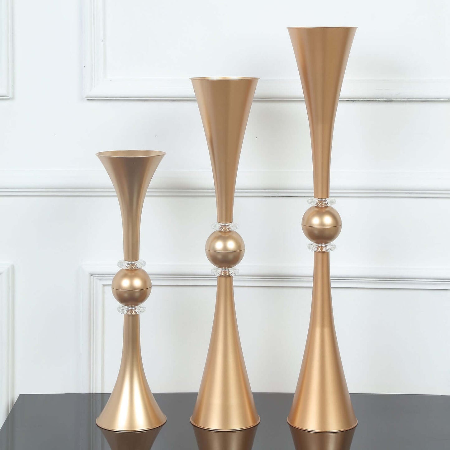 2-Pack Flower Vases Trumpet Design with Crystal Embellishments Gold - Reversible Plastic Centerpieces for Events 27"