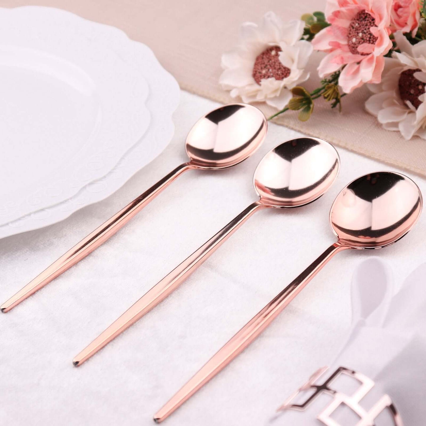 24-Pack Plastic Spoons Glossy Rose Gold - Premium Heavy Duty Disposable Silverware 8"