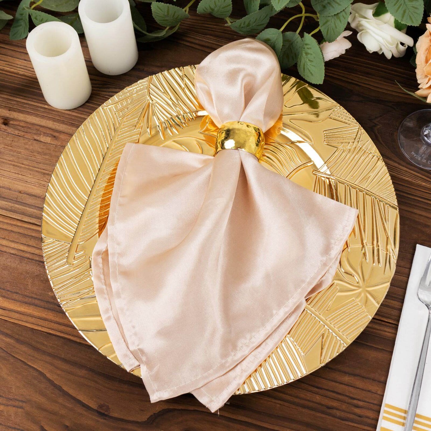 6-Pack Acrylic Round Charger Plates 13" in Metallic Gold with Embossed Tropical Leaves, Decorative Dinner Charger Tableware