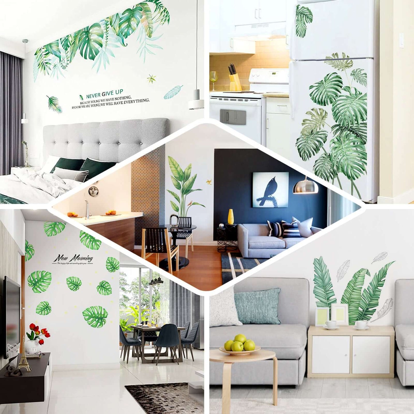 Green Tropical Assorted Leaves Wall Decals, Plant Peel Removable Stickers