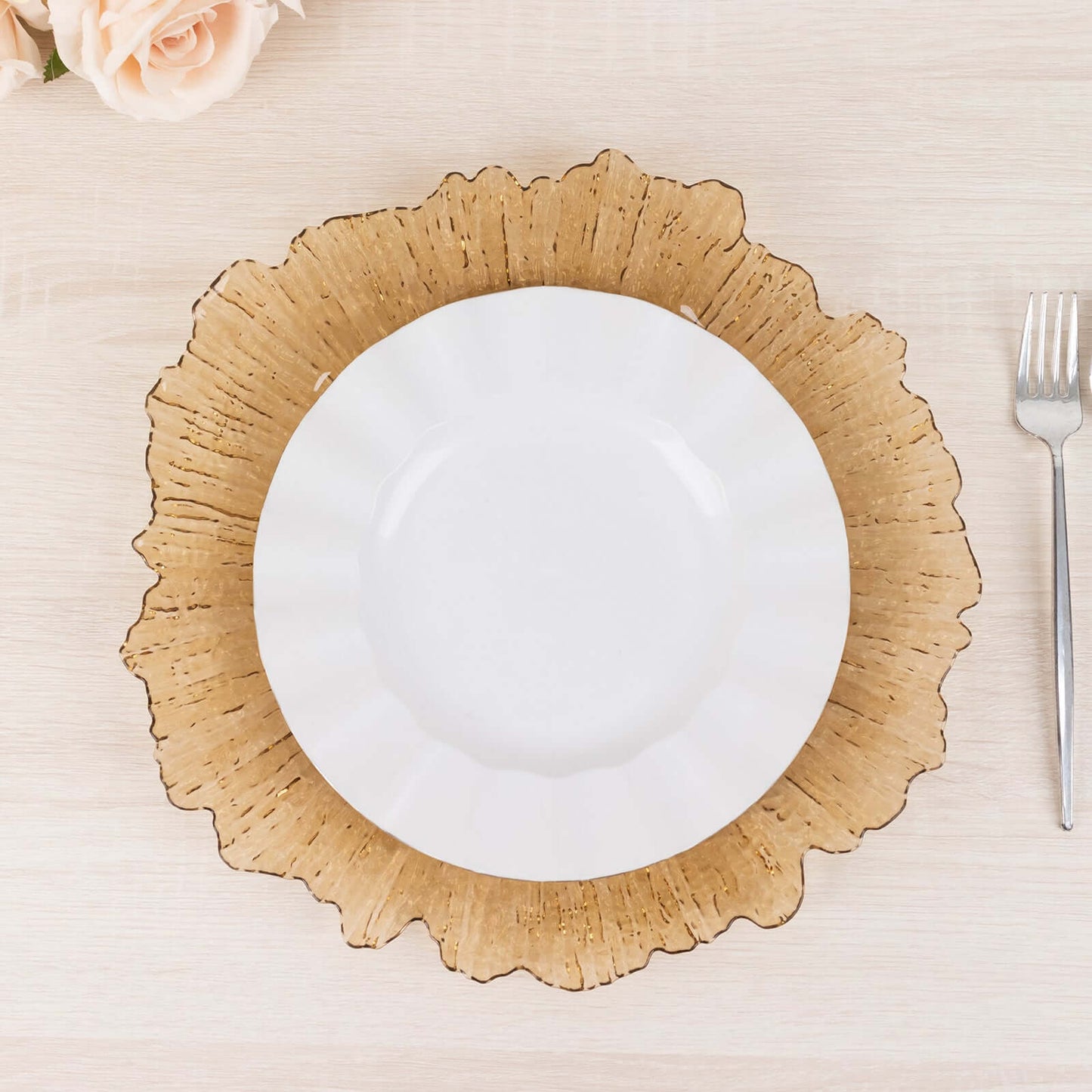 6-Pack Acrylic Plastic Round Charger Plates 13" in Amber Gold with Reef Design, Dinner Charger Tableware