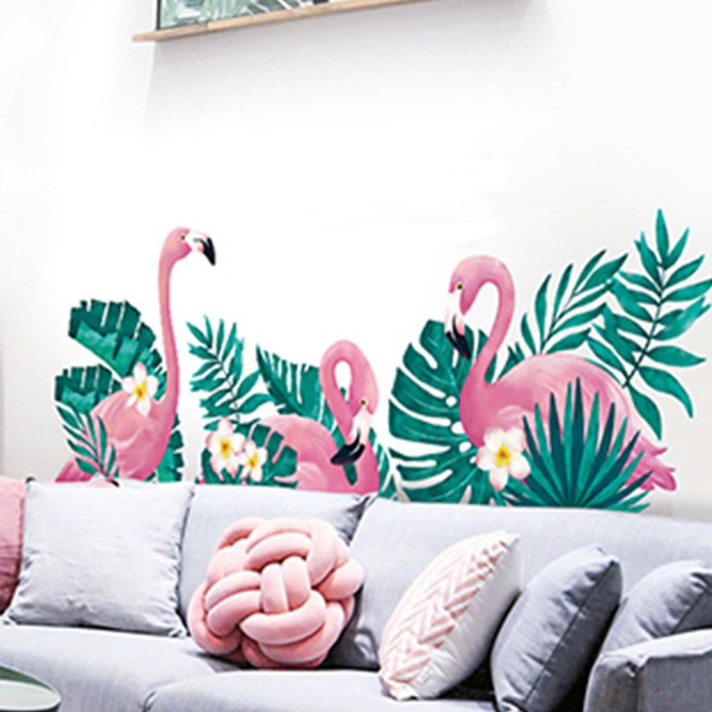 Green Tropical Palm Leaves and Flamingo Wall Decals, Peel Removable Stickers