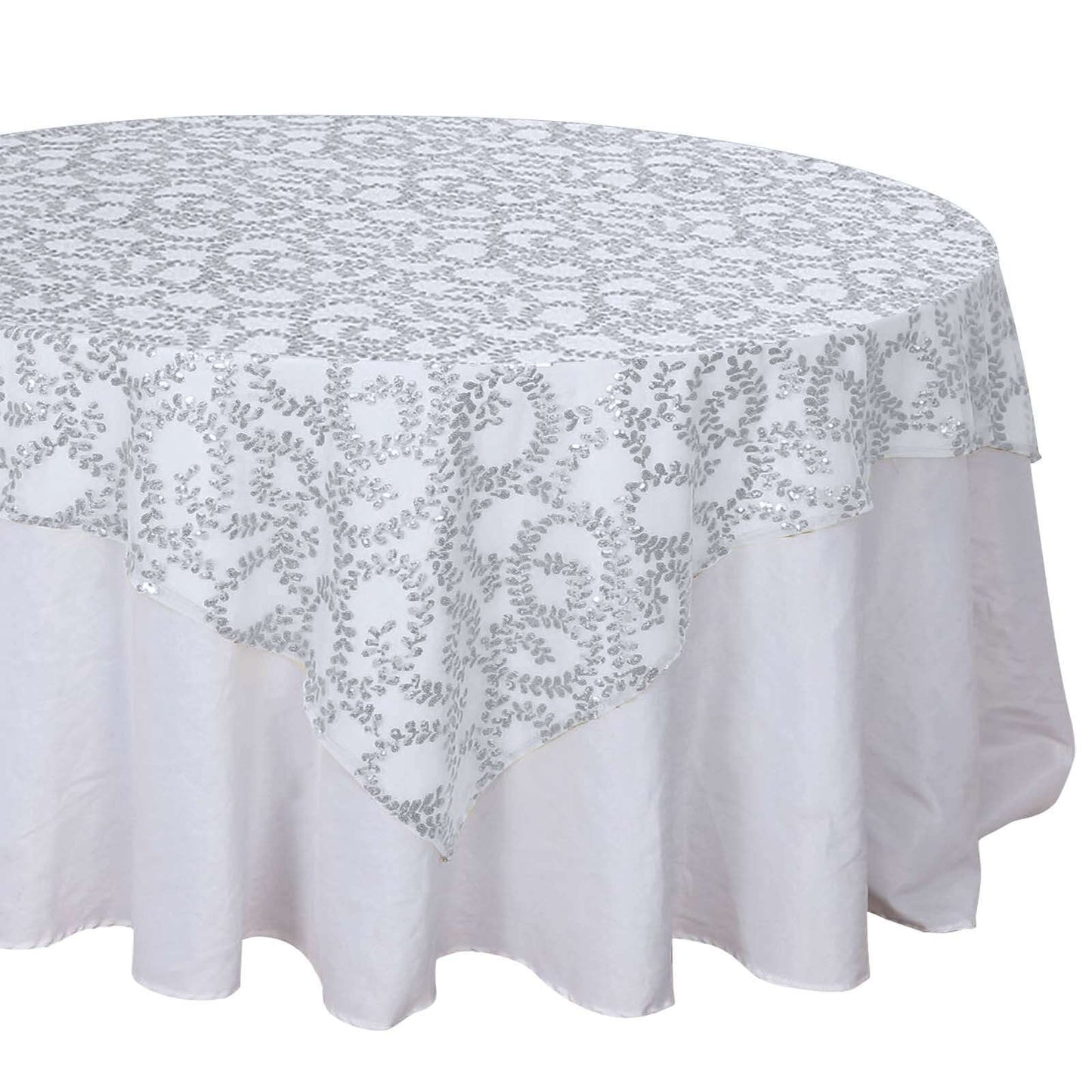 Tulle 72"x72" Table Overlay Square Tablecloth Silver - Sequin Leaf Embroidered Table Topper