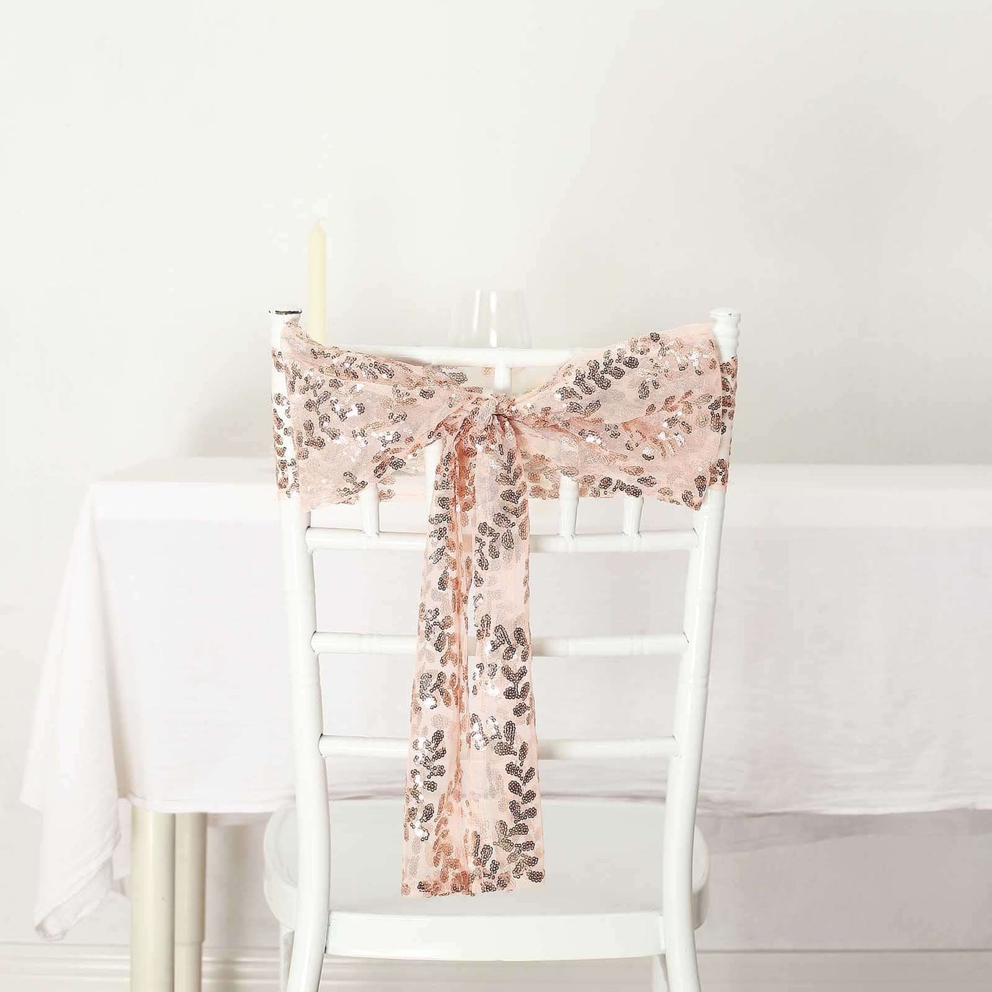 5 Pack Tulle Chair Sashes with Leaf Vine Embroidered Sequins Rose Gold 6"x88"