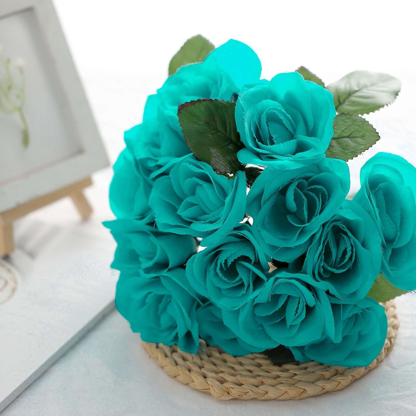 12" Turquoise Artificial Velvet-Like Fabric Rose Flower Bouquet Bush