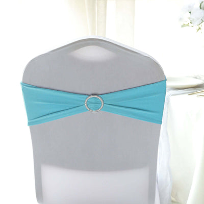 5 Pack Stretch Spandex Chair Sashes Turquoise - Reusable Chair Bands with Silver Diamond Ring Slide Buckle 5"x14"