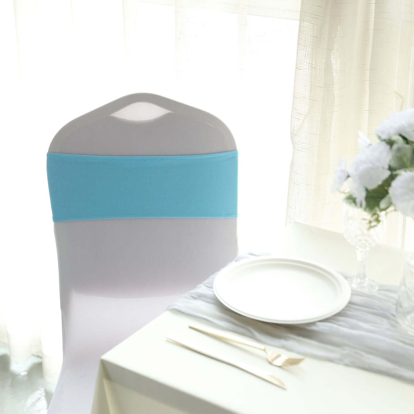 5 Pack Stretch Spandex Chair Sashes Turquoise - Reusable Chair Bands with Silver Diamond Ring Slide Buckle 5"x14"