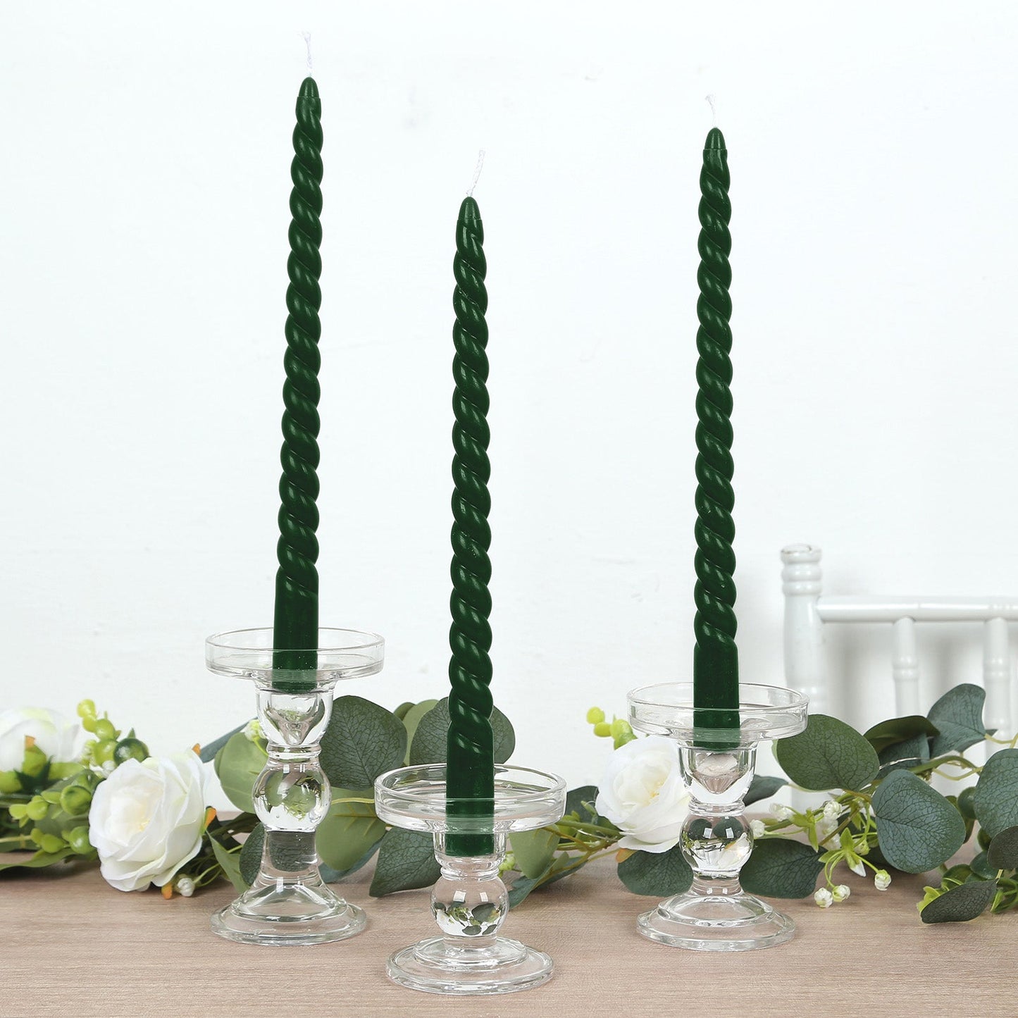 12 Pack 11" Hunter Emerald Green Premium Unscented Spiral Wax Taper Candles, Long Burn Wick Dinner Candle Sticks