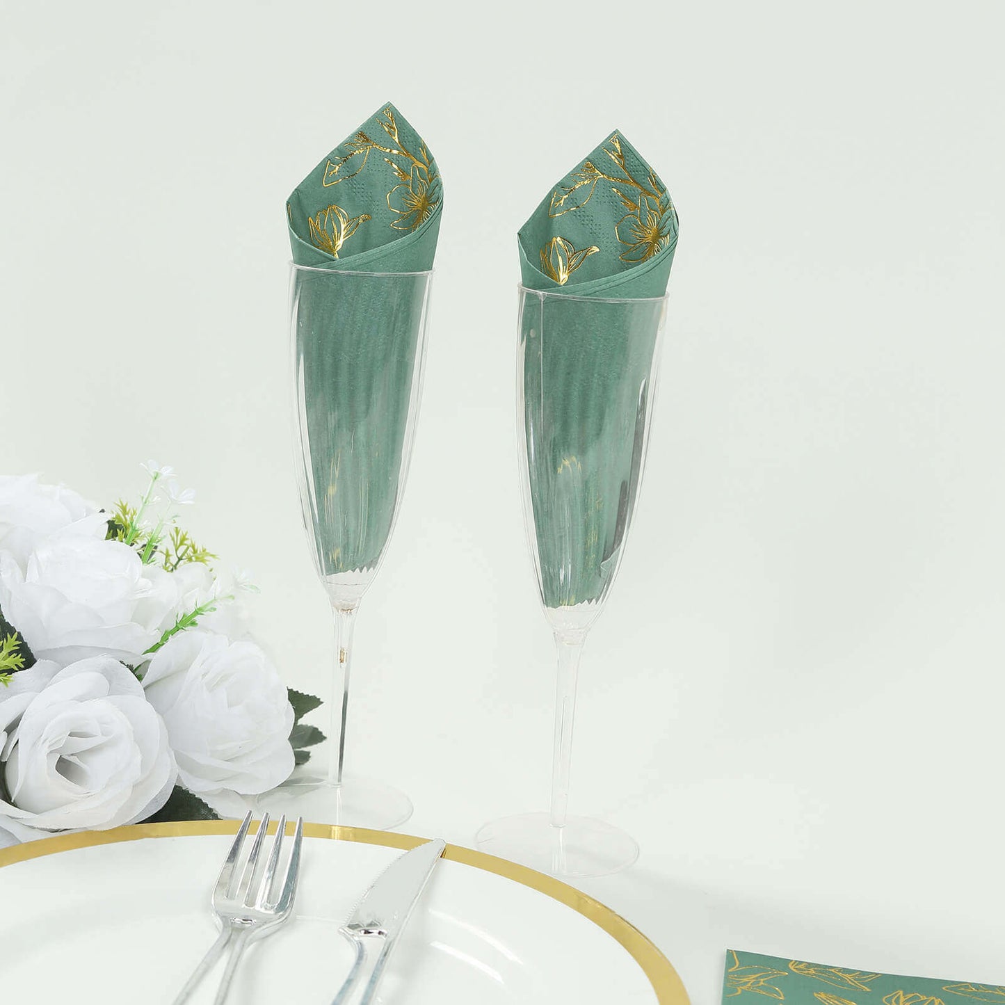 50-Pack Paper Dinner Napkins Dusty Sage Green with Gold Magnolia Flowers Print 2-Ply - Disposable Soft Napkins for Parties