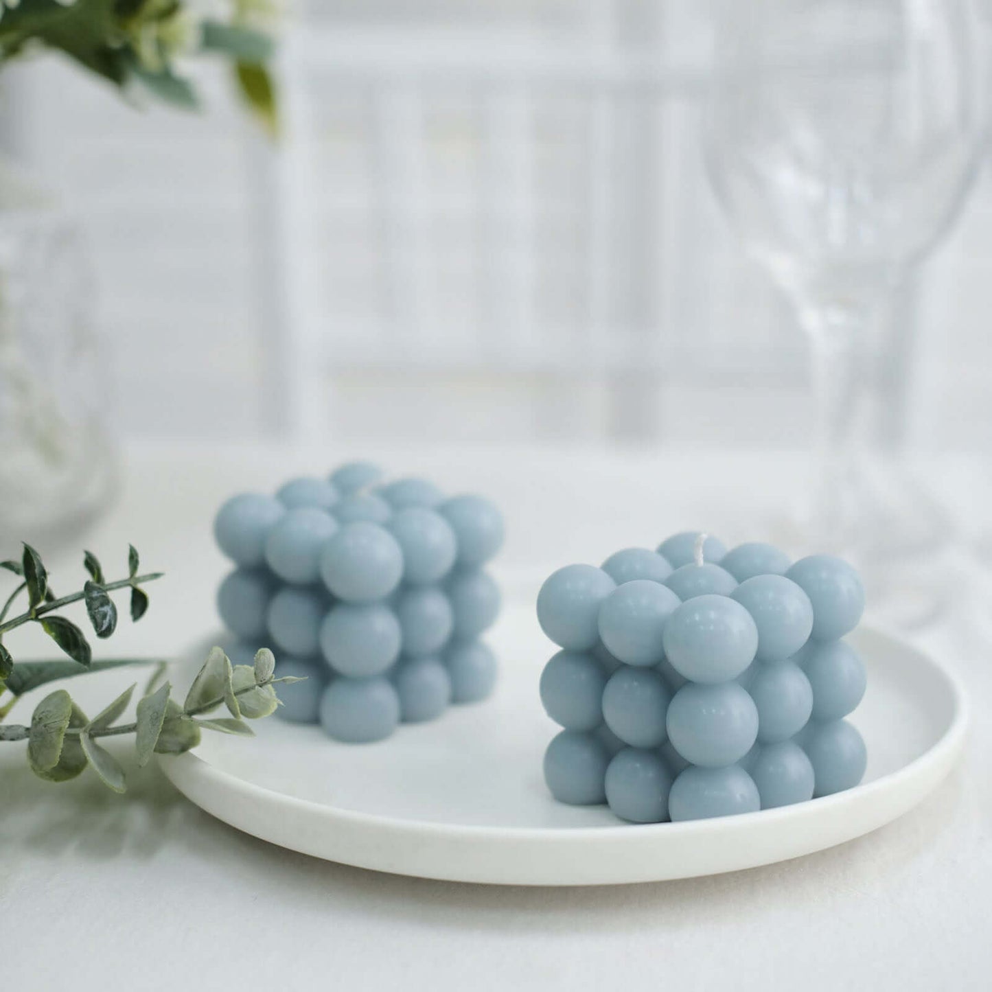 2-Pack Decorative Paraffin Wax Candles Bubble Cube Design Dusty Blue - Unscented Long Burning Pillar Candle Set 2"