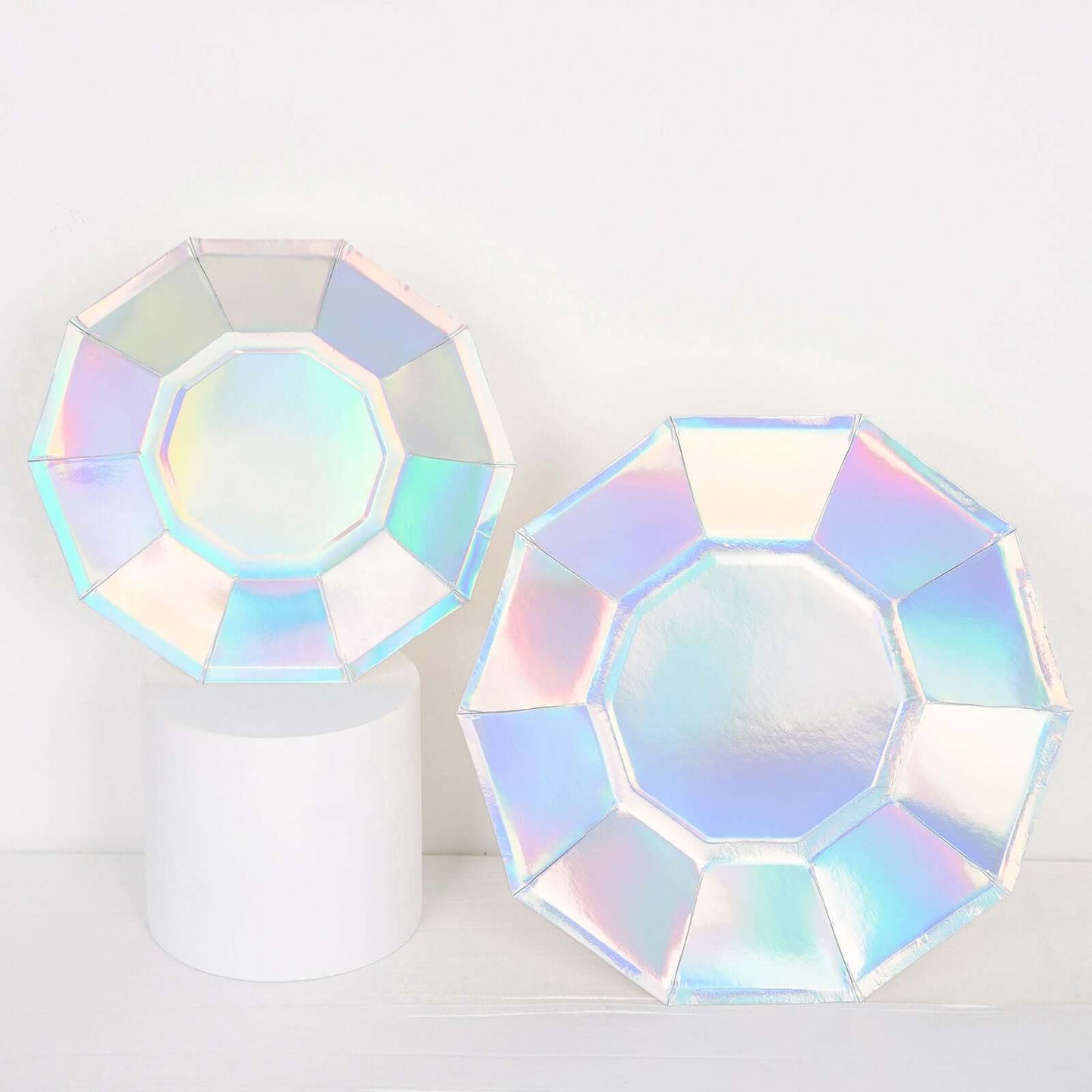 25-Pack Paper 9" Decagon Dinner Plates in Iridescent - Disposable Geometric Party Plates for Disco & Space Themed Events
