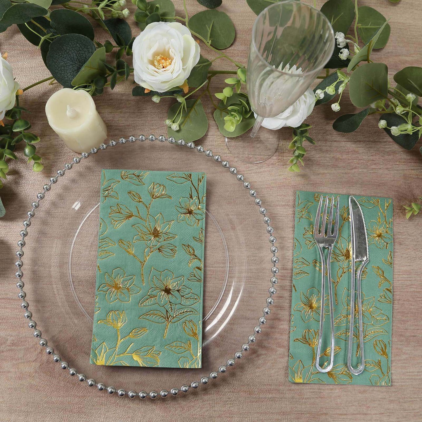 50-Pack Paper Dinner Napkins Dusty Sage Green with Gold Magnolia Flowers Print 2-Ply - Disposable Soft Napkins for Parties