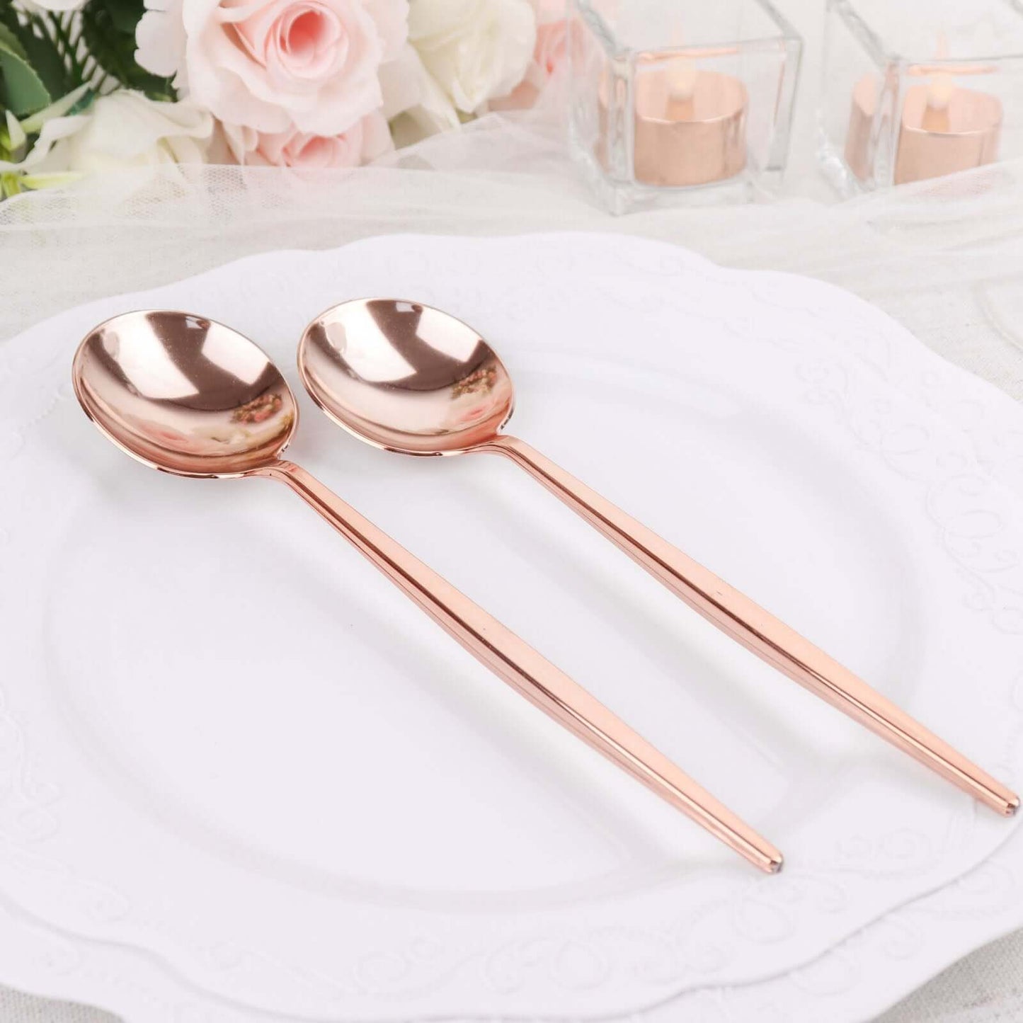 24-Pack Plastic Spoons Glossy Rose Gold - Premium Heavy Duty Disposable Silverware 8"