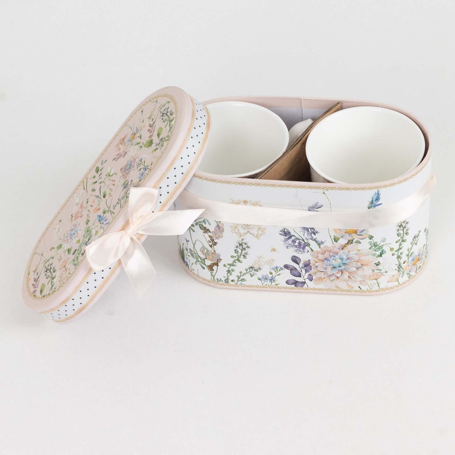 Blush Floral Design Bridal Shower Gift Set, 2 Pack Porcelain Tea Cups With Matching Keepsake Gift Box and Satin Ribbon Handle