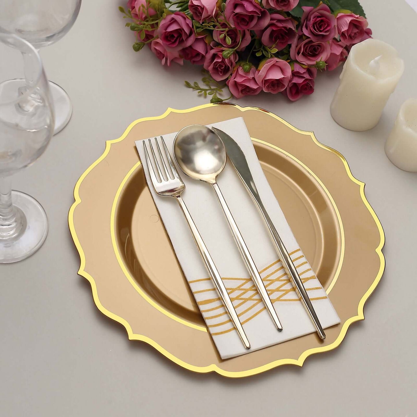 10-Pack Plastic 10" Round Dinner Plates in Gold with Gold Scalloped Rim - Disposable Party Plates