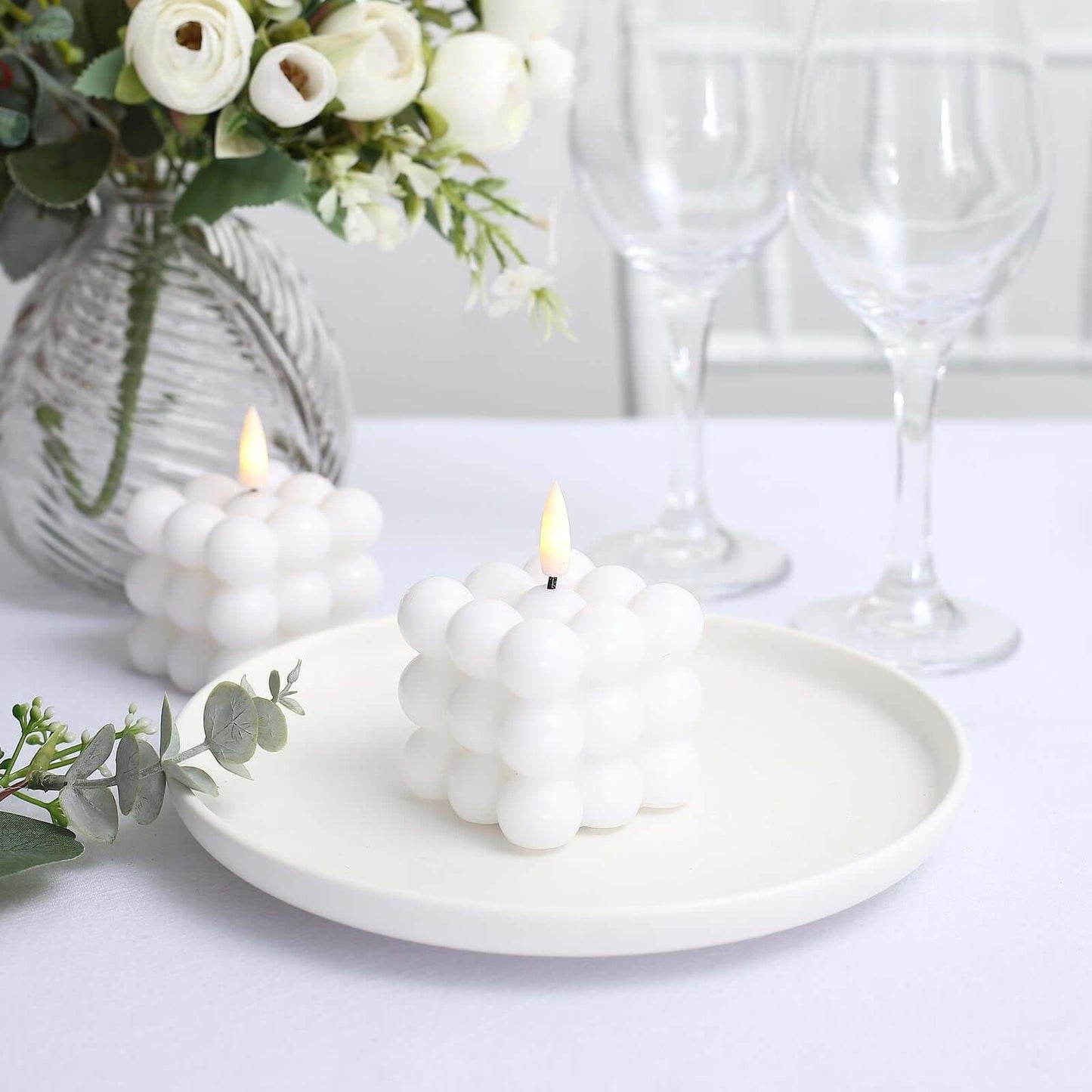 2-Pack LED Flameless Cube Candles Flickering Warm White/White - Battery Operated Bubble Design 2"