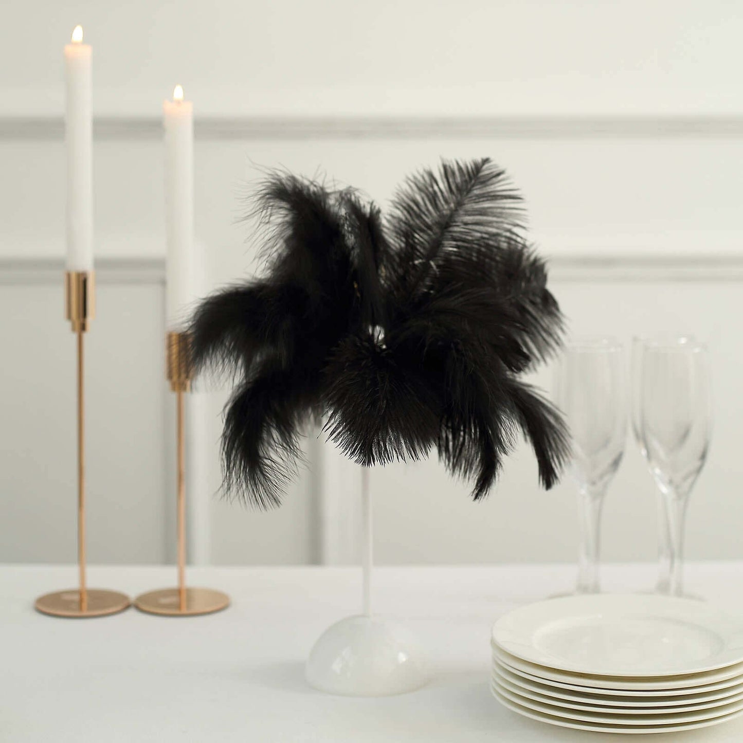 Table Lamp Ostrich Feather Design Black LED Battery Operated - Cordless Wedding Centerpiece 15"