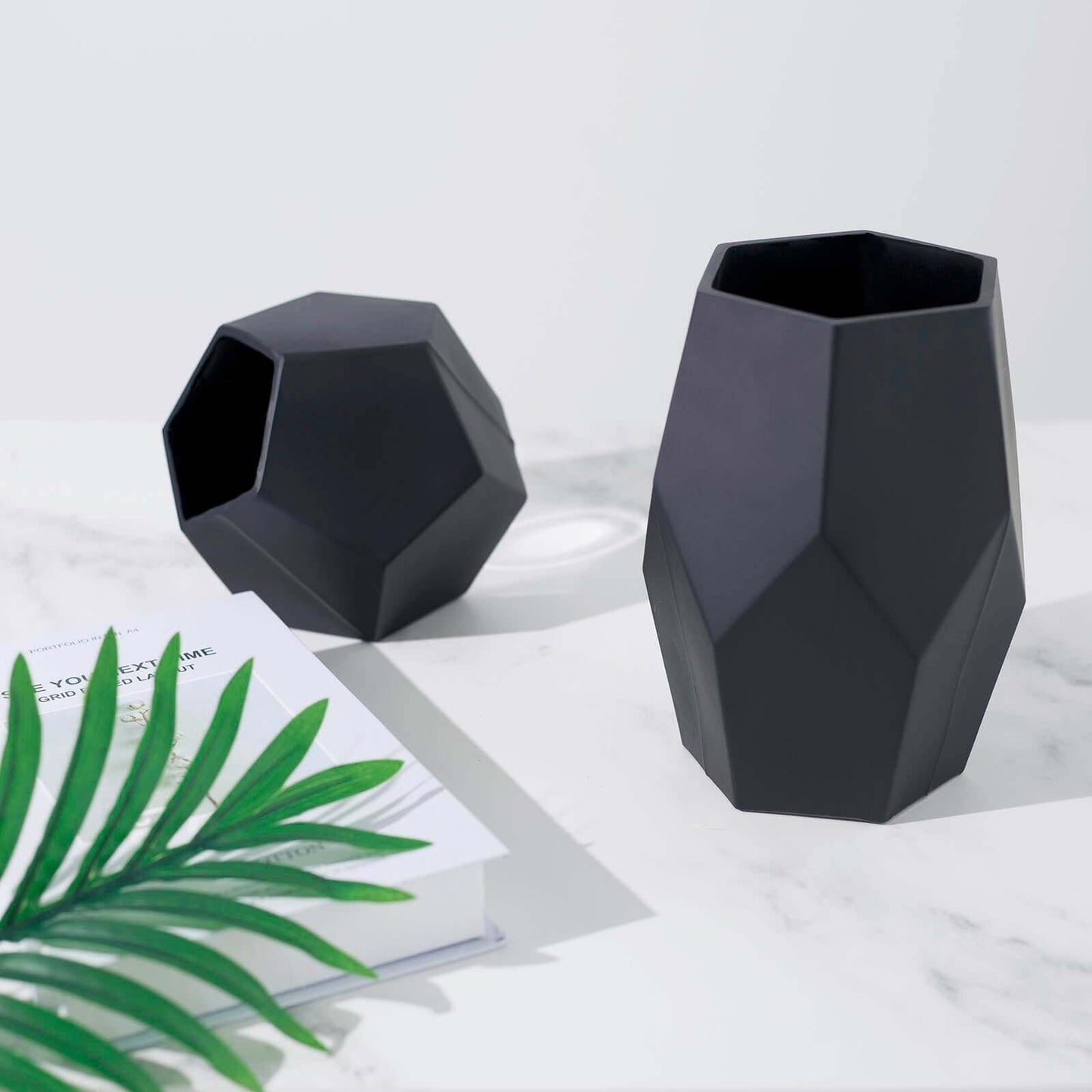 Set of 2 Glass Flower Vases Geometric Design Matte Black - Stylish Modern Candle Holder Centerpieces 5", 8"