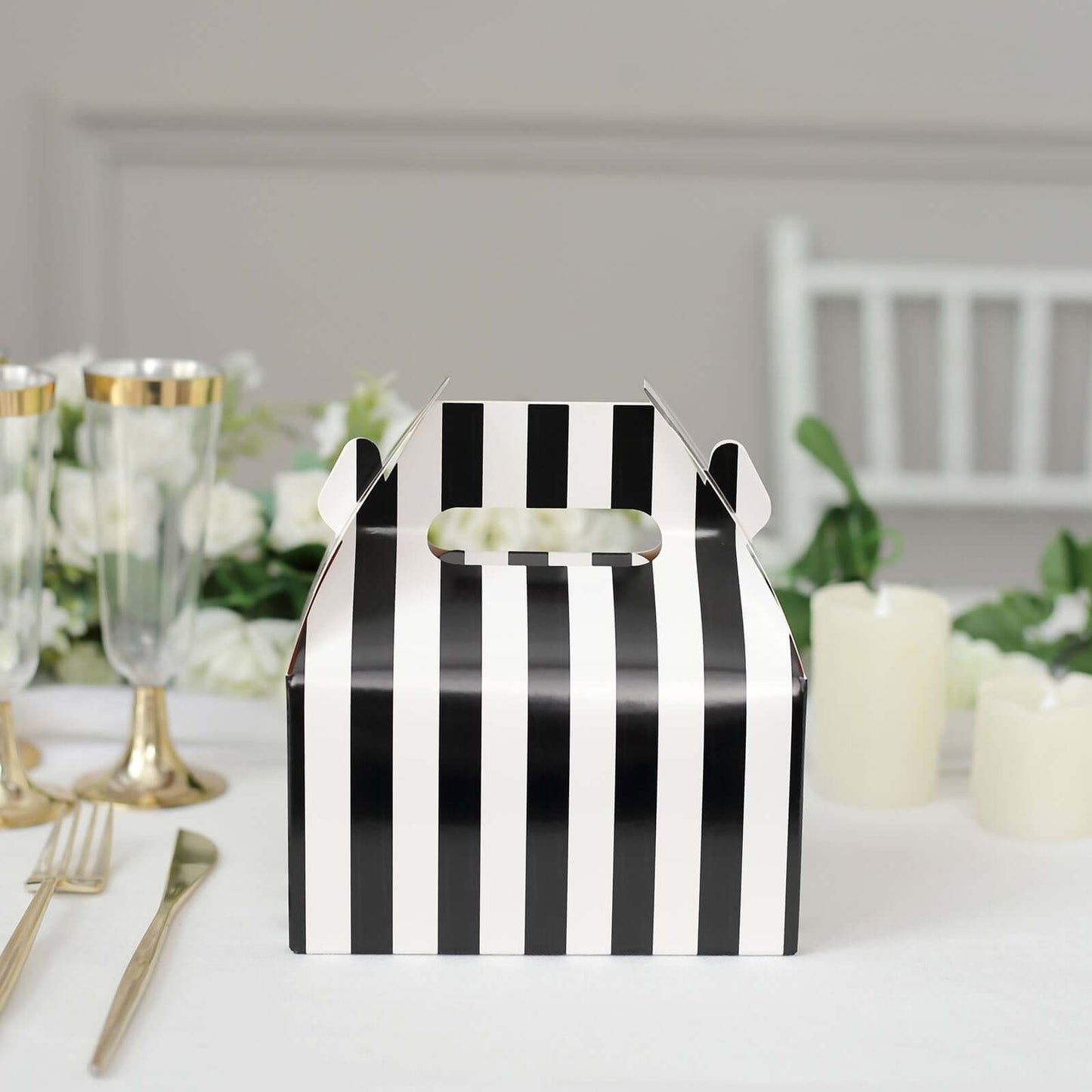25 Pack White Black Striped Candy Gift Tote Gable Boxes, Party Favor Treat Bags - 6"x3.5"x7"