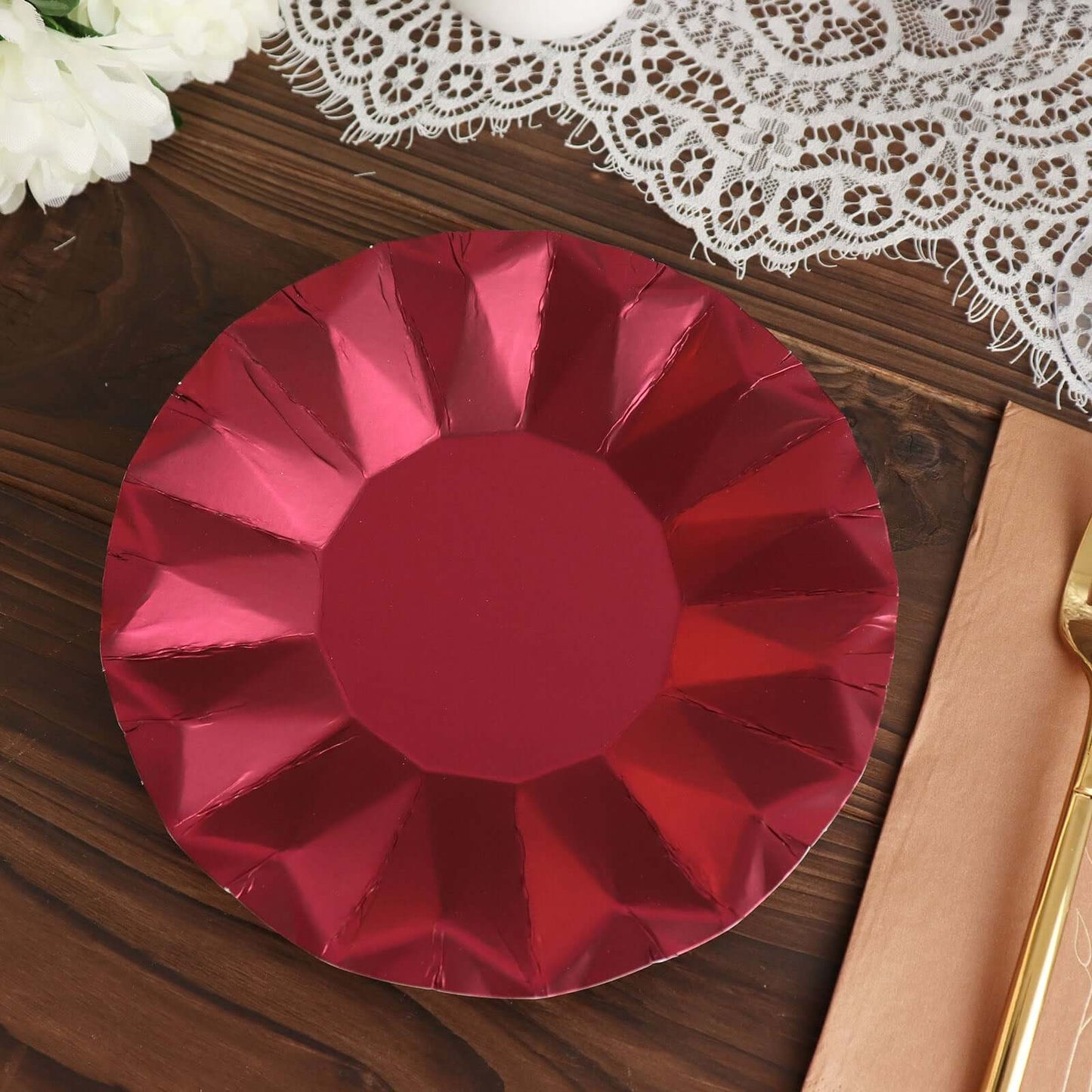 25-Pack Paper 7" Round Dessert Plates in Burgundy with Geometric Prism Rim - Disposable 400GSM Appetizer Salad Plates