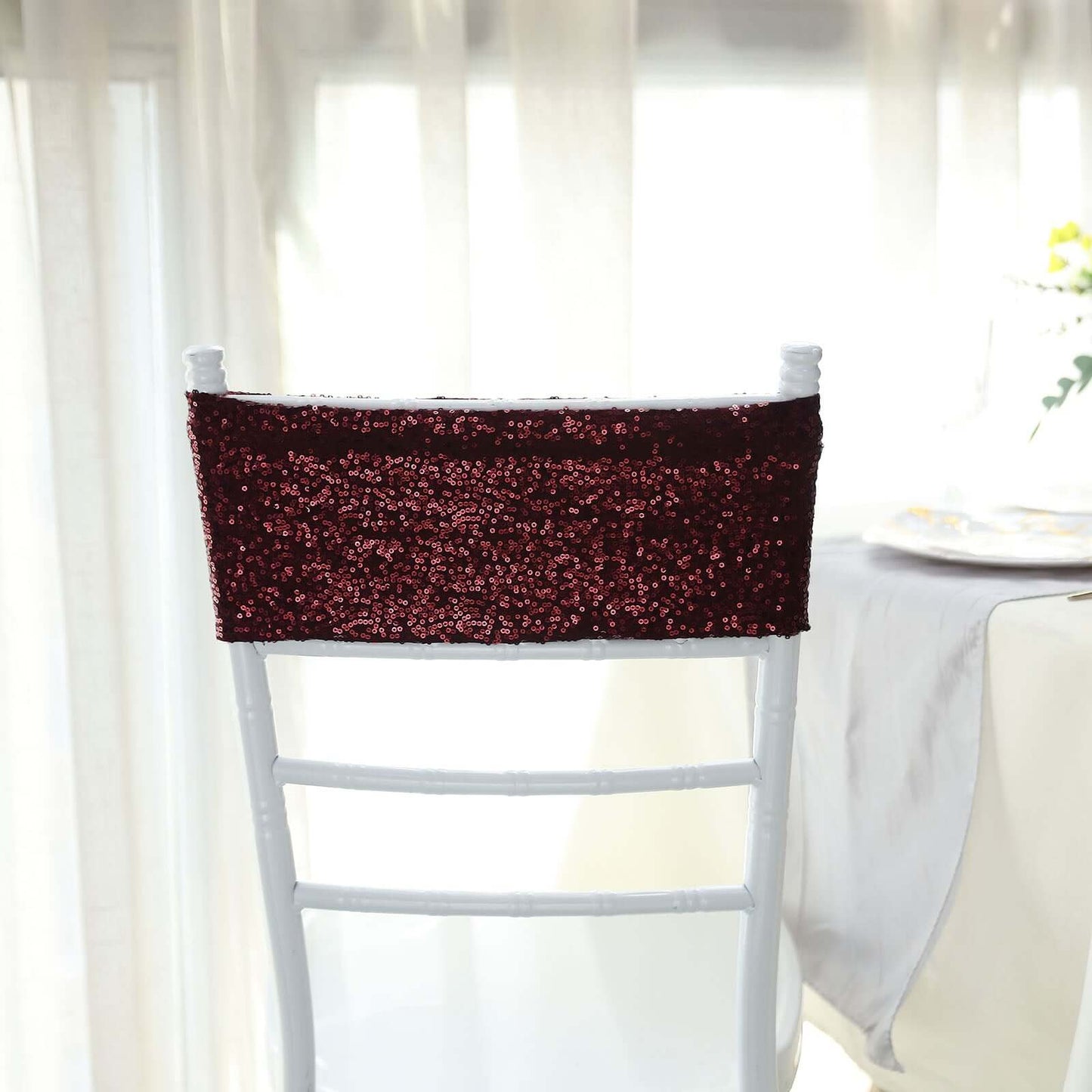 5 Pack Sequin Spandex Chair Sashes Burgundy - Stretch Chair Bands 6"x15"