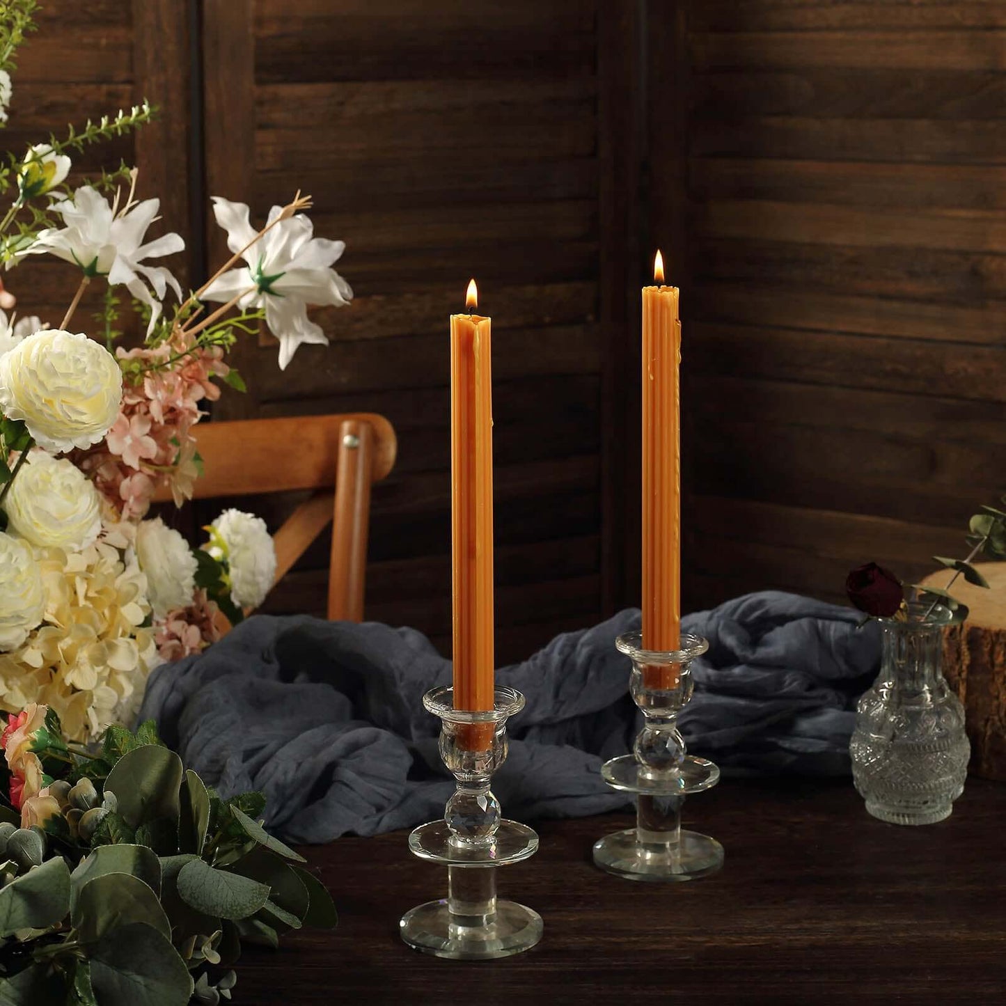 5-Pack Taper Candles Ribbed Wick Ribbon Wax Design Gold - Premium Unscented Dinner Candles 9"