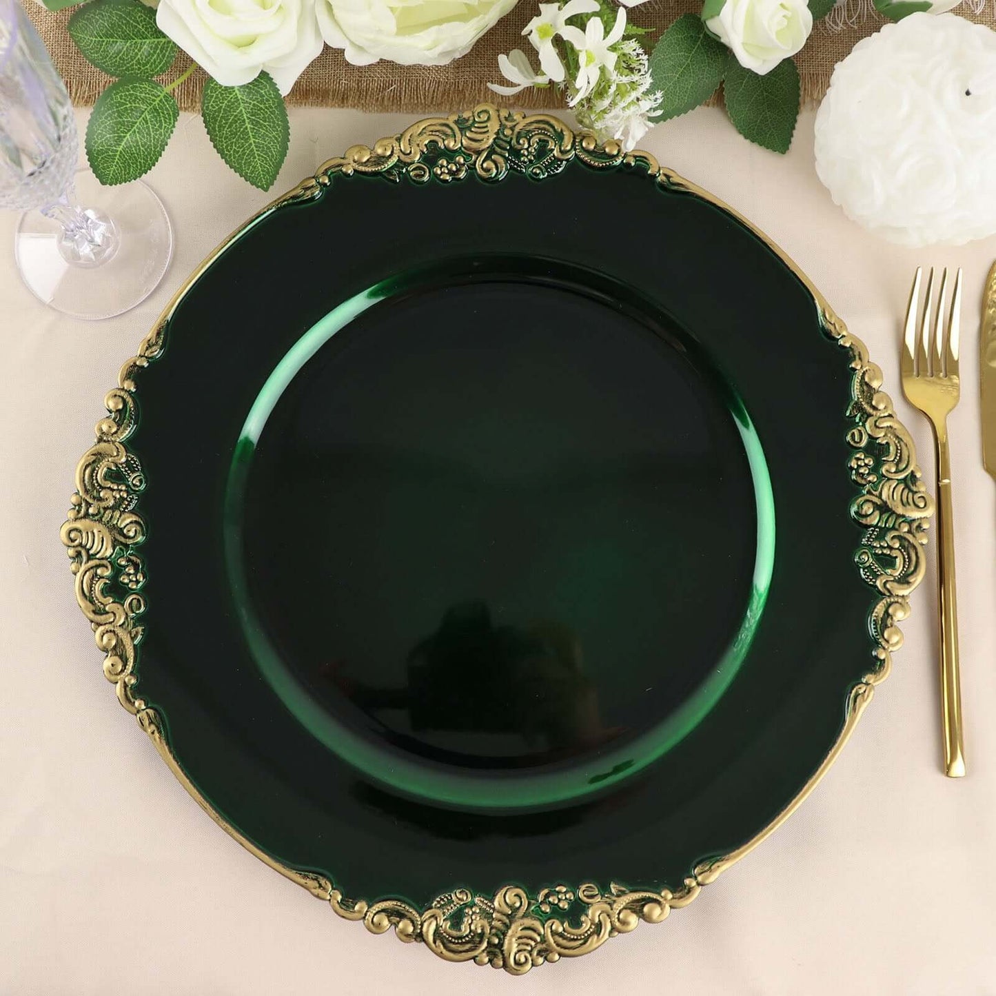 6-Pack Acrylic Round Charger Plates 13" in Hunter Emerald Green with Gold Embossed Baroque Rim, Antique Decorative Dinner Party Charger Tableware
