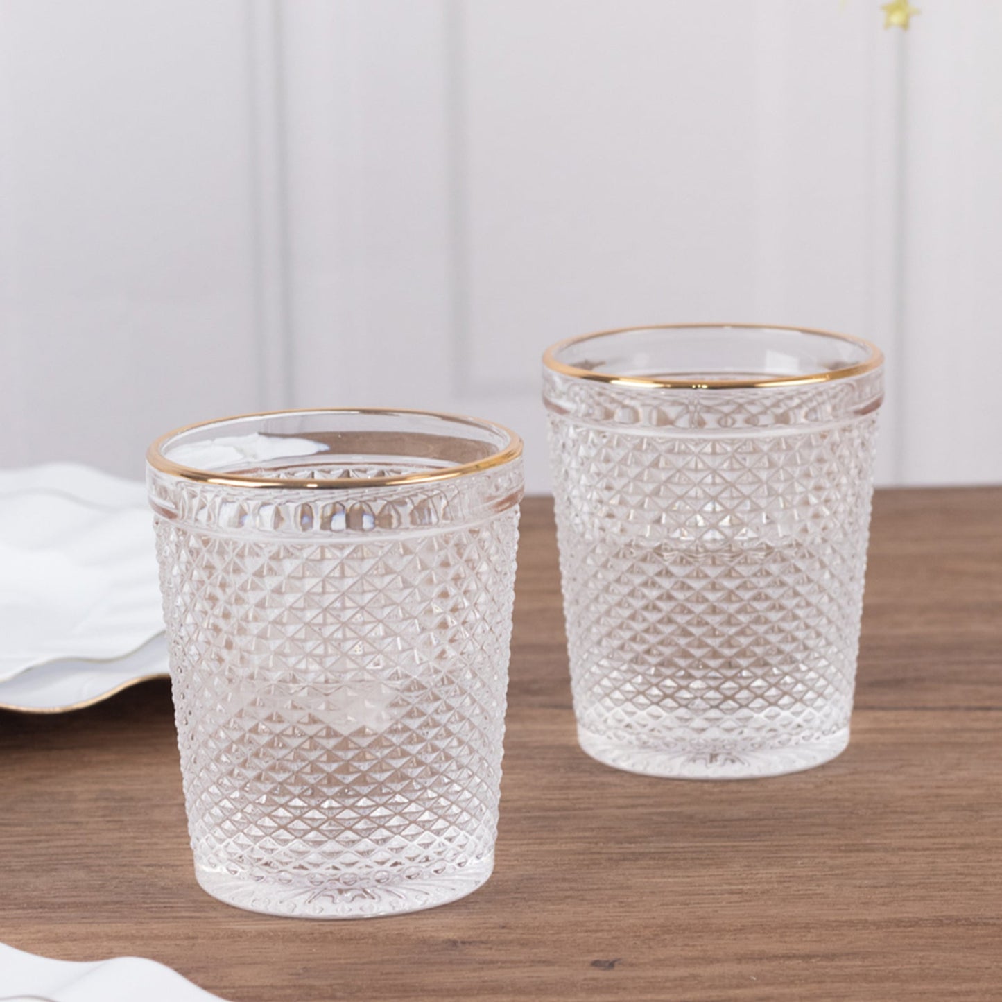 6-Pack Tumbler Glasses Clear Hobnail Design with Gold Rim - Embossed Diamond Pattern Glassware for Drinks & Parties 11oz 4"