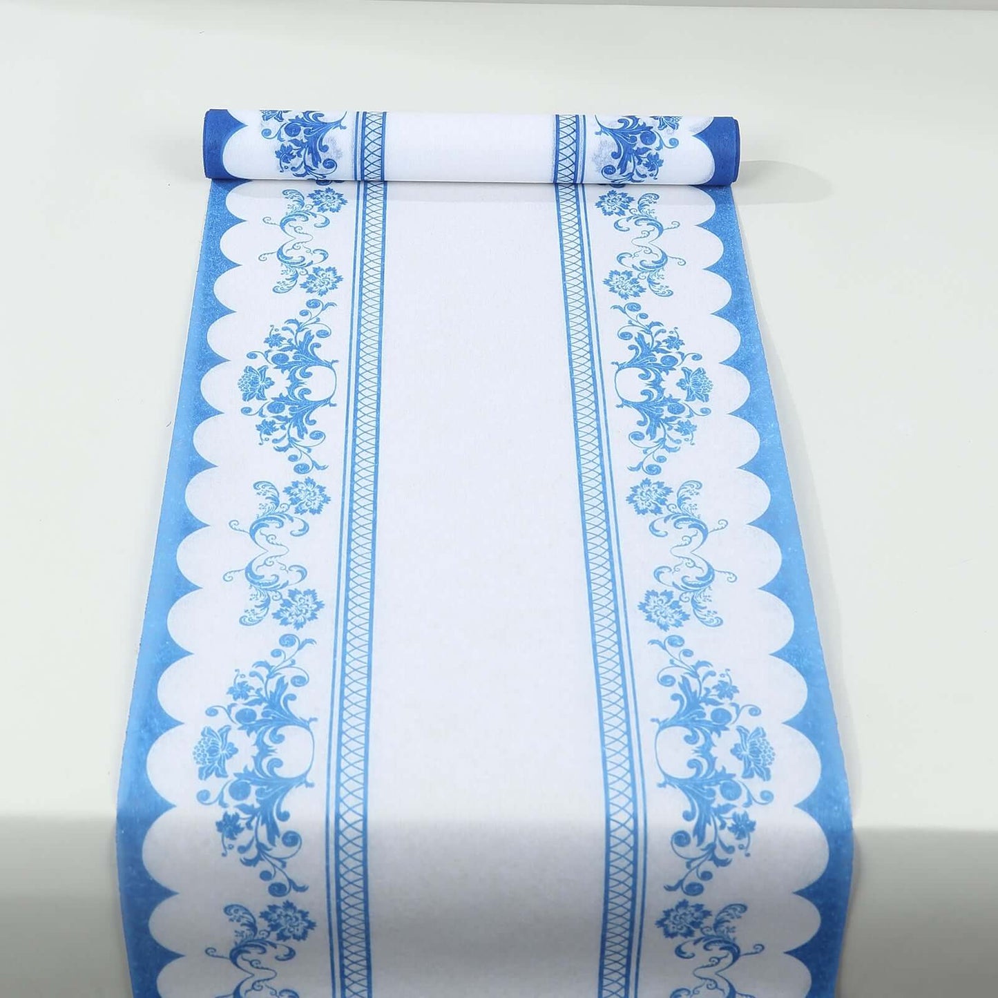 5 Pack Disposable Table Runners 11"x108" White with Blue Ornate Floral Prints - Non-woven Stylish Kitchen Dining Table Decor