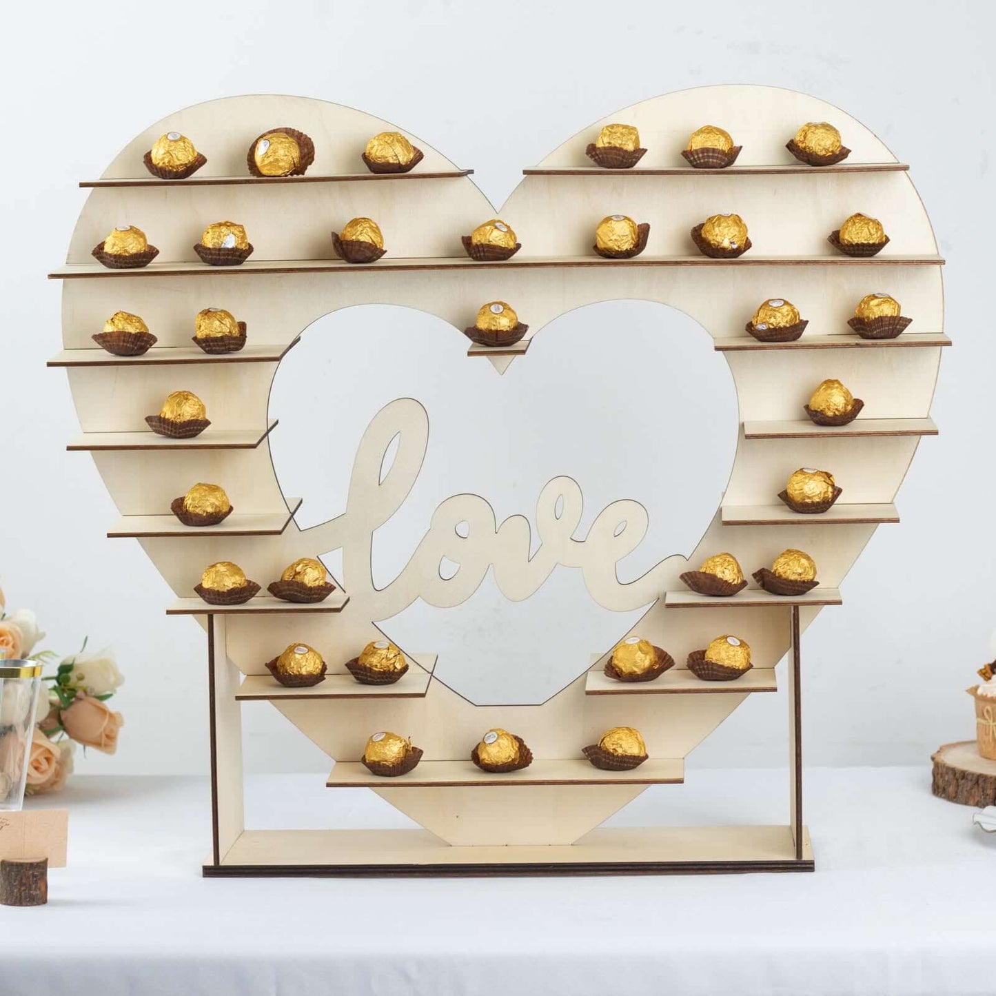 8-Layer Wooden Dessert Display Stand Heart Shaped Double Sided Design Natural - "Love" Cupcake Shelf Table Rack 26"