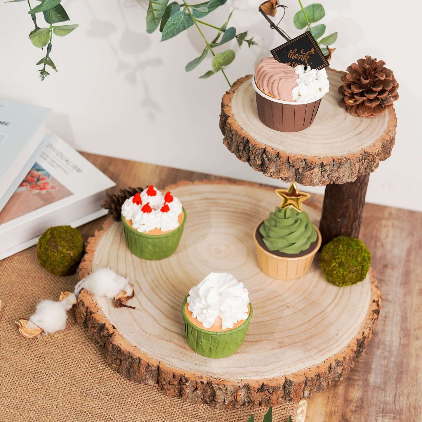 2-Tier Wooden Cheese Board Stand Elm Wood Slice Design Natural - Rustic Cupcake Centerpiece 8"