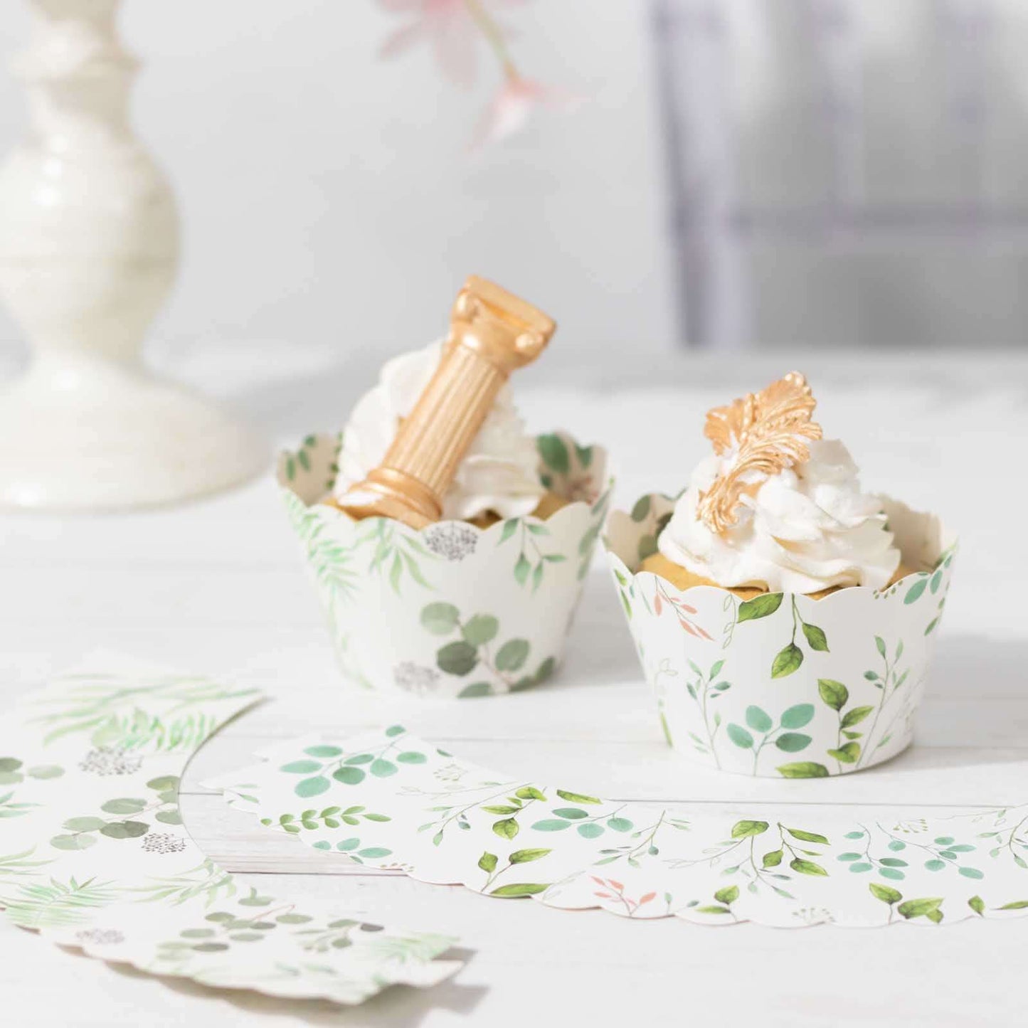 25-Pack Paper Cupcake Wrappers Eucalyptus Leaves Print White Green - Round Muffin Truffle Cup Liners 3"