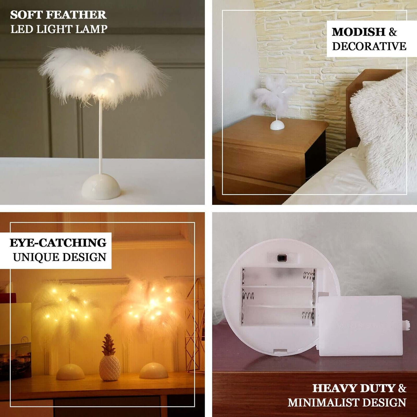 Table Lamp Feather Design Cinnamon Rose LED Battery Operated - Cordless Wedding Centerpiece 15"