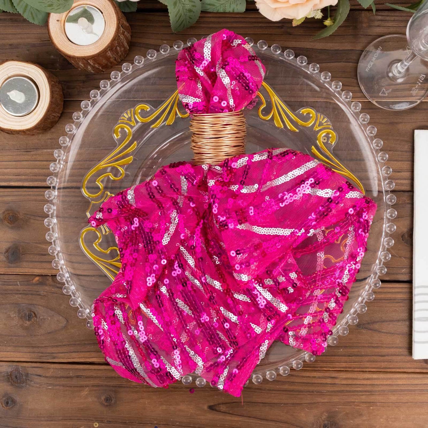 Sequin Mesh 20"x20" Napkin Fuchsia Silver - Wave Embroidered Reusable Napkin