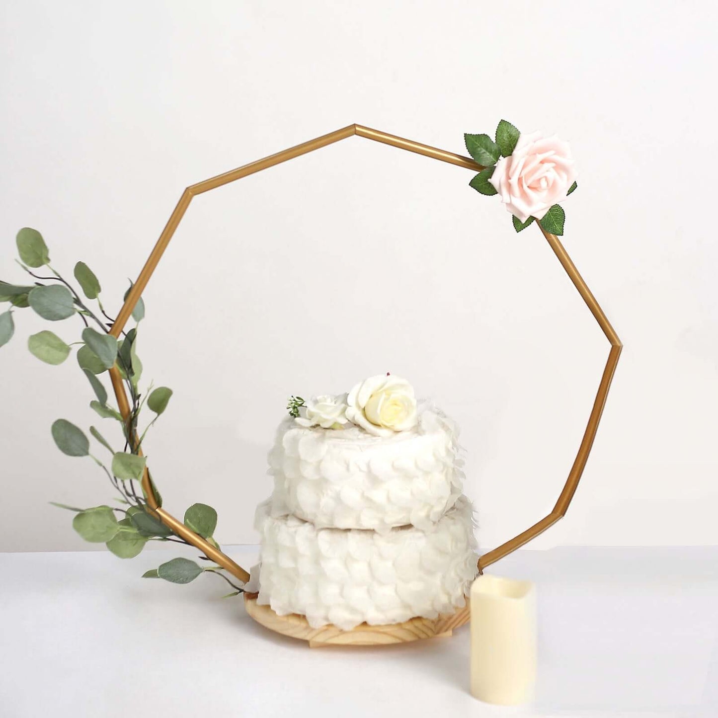 Metal Nonagon Floral Hoop Cake Stand Gold - Chic Geometric Dessert Display DIY Centerpiece Table Decoration With Wooden Base 22"