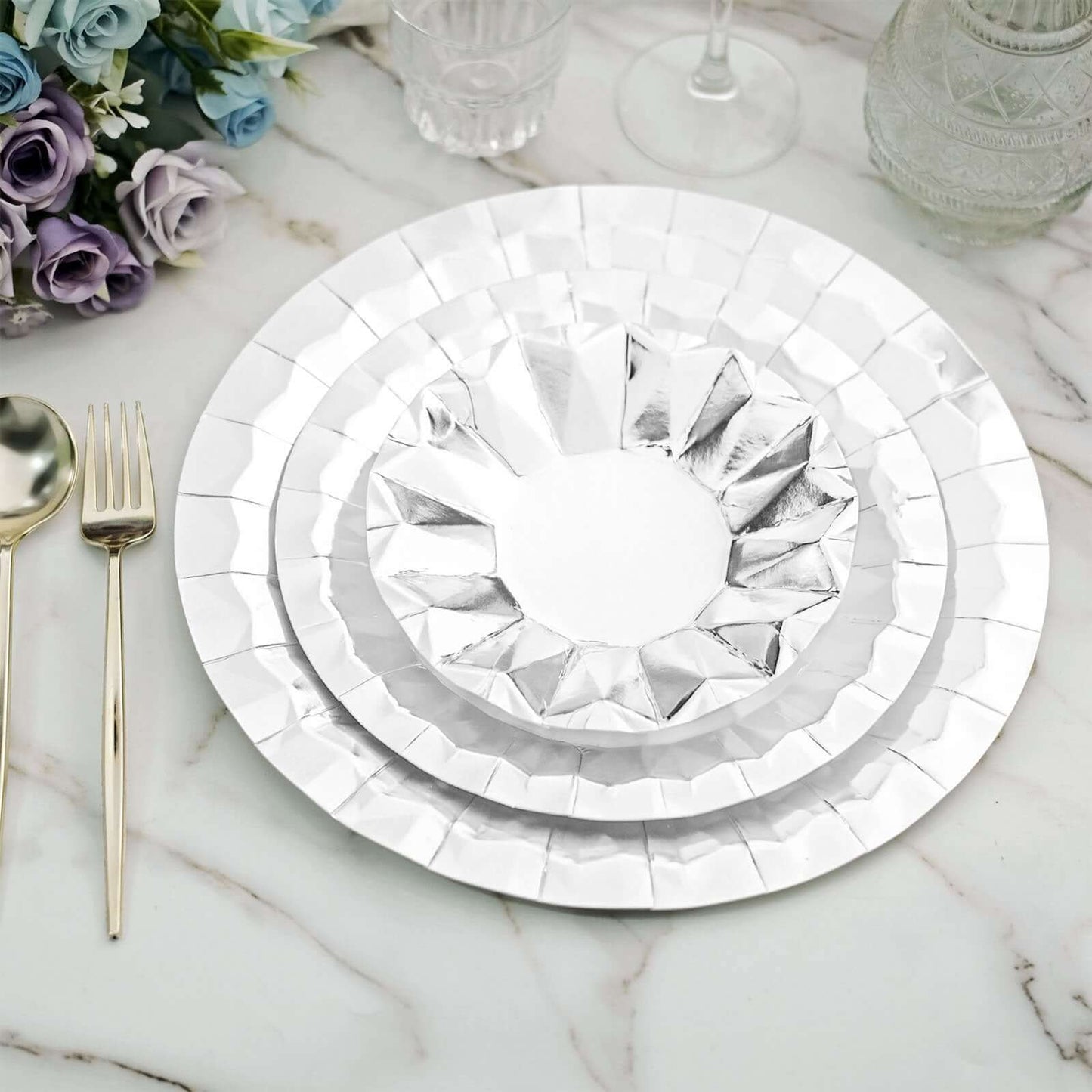 25-Pack Paper 12" Round Charger Plates in Metallic Silver with Geometric Prism Design - Disposable 400GSM Serving Trays