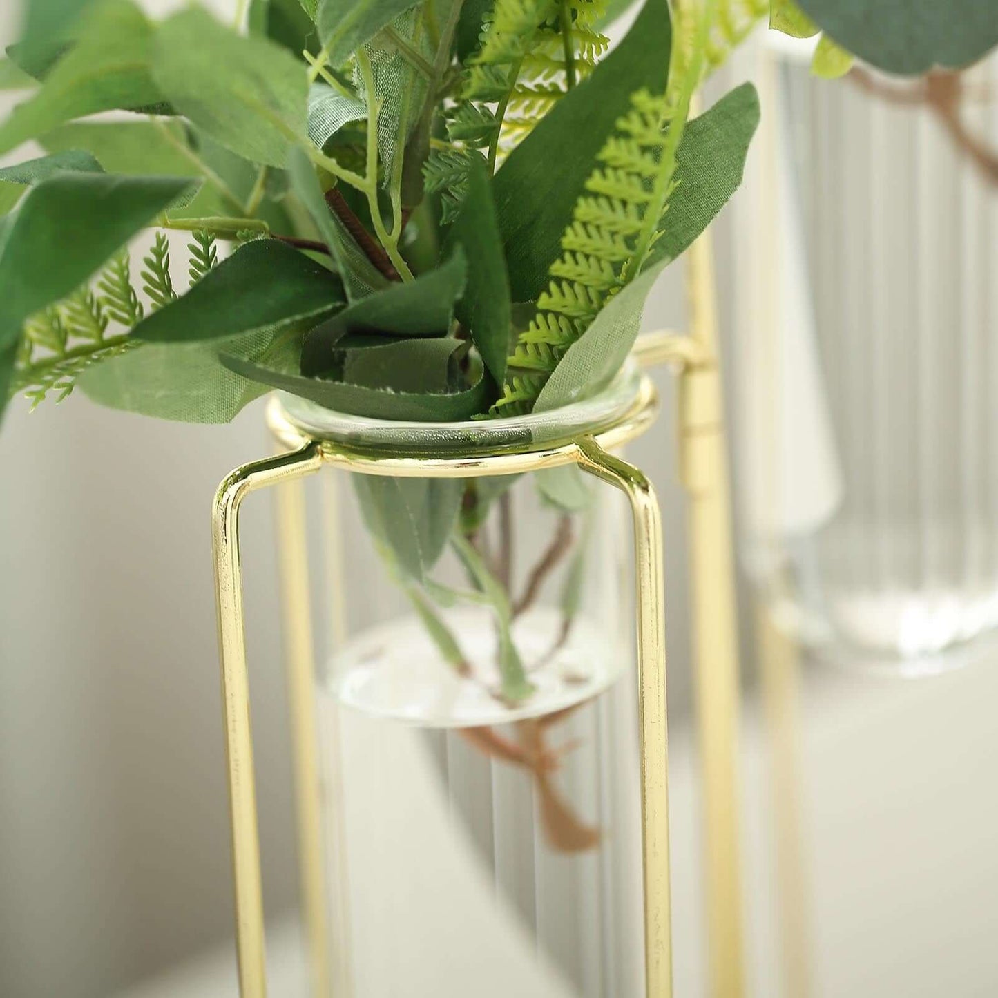 Set of 5 Wedding Centerpieces Gold Frame Conjoined Geometric Design - Test Tube Hydroponic Vases 12"