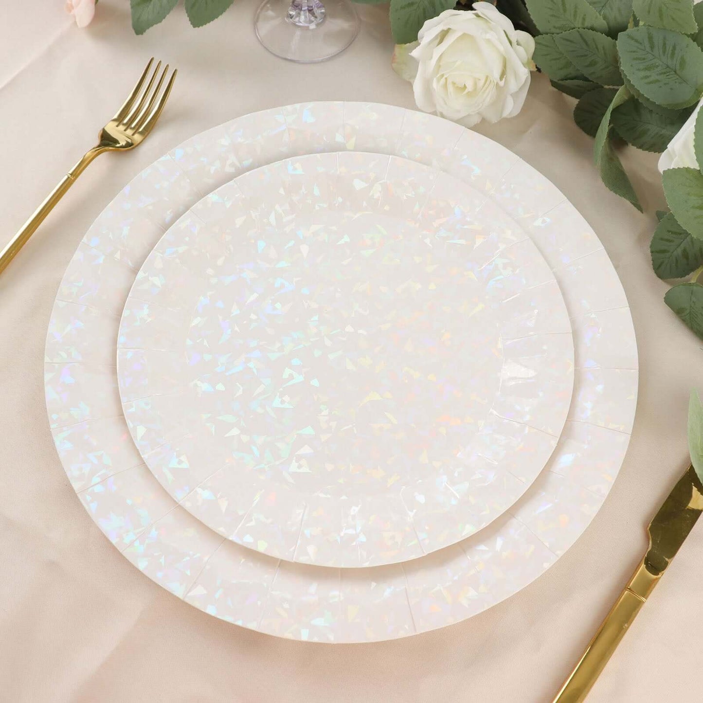 25-Pack Paper 12" Round Charger Plates in Iridescent with Geometric Prism Design - Disposable 400GSM Serving Trays