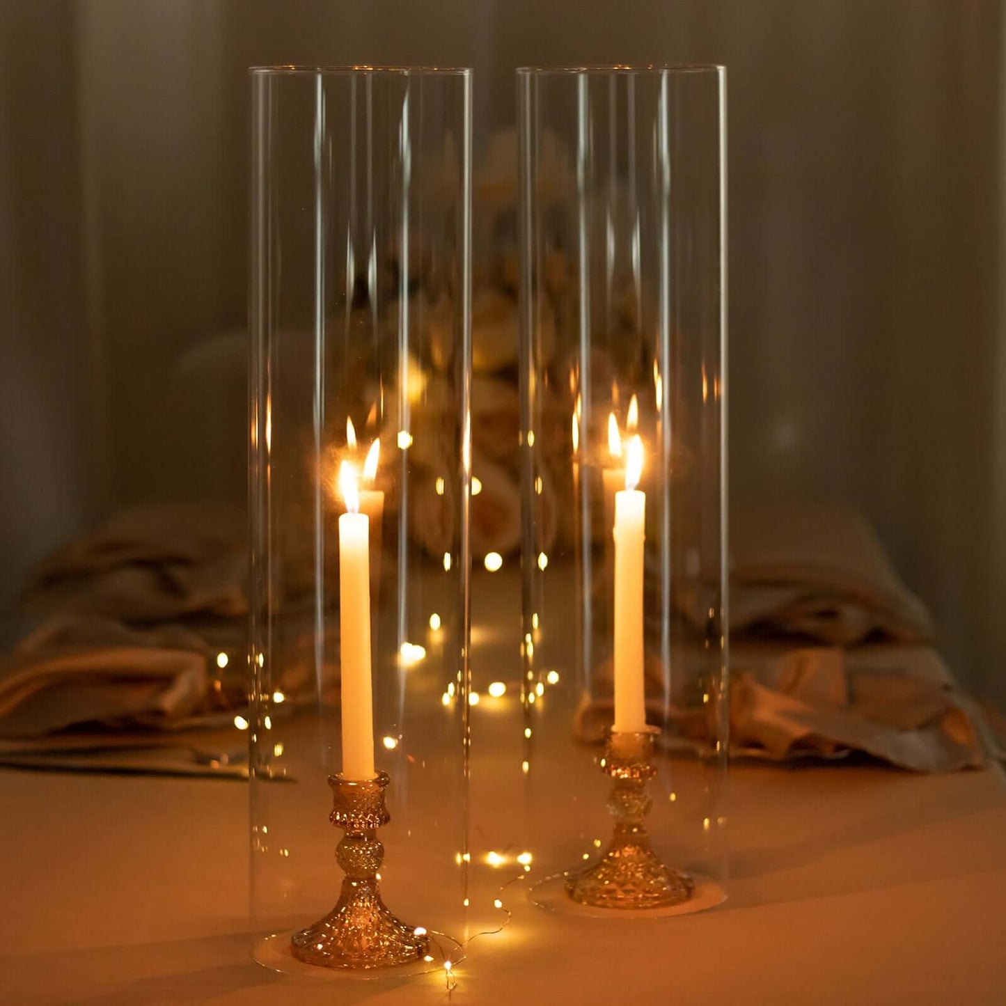 2-Pack Clear Glass Candelabra Shades Open End Hurricane Design - Stylish Table Centerpiece 20"